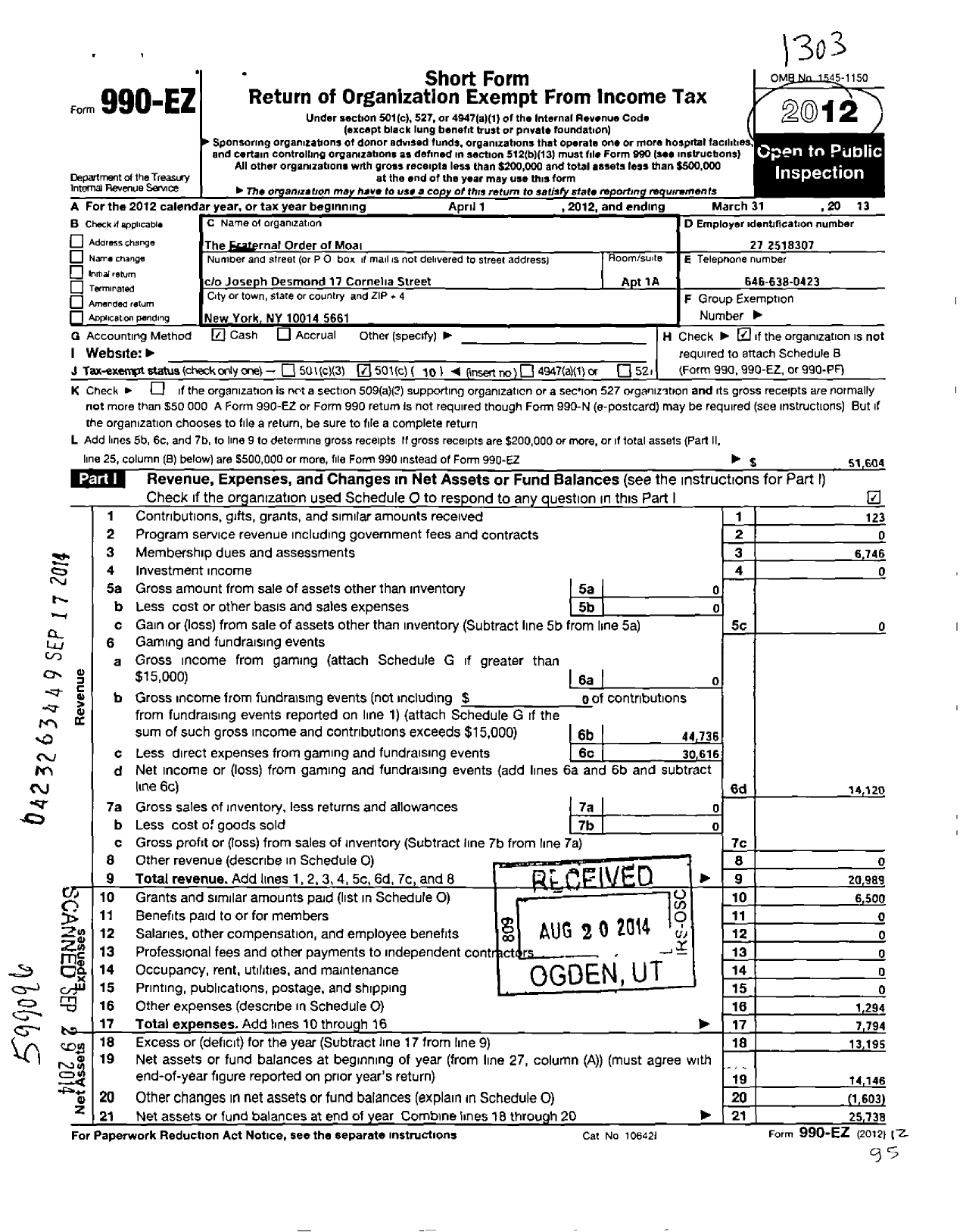 Image of first page of 2012 Form 990EO for Fraternal Order of Moai