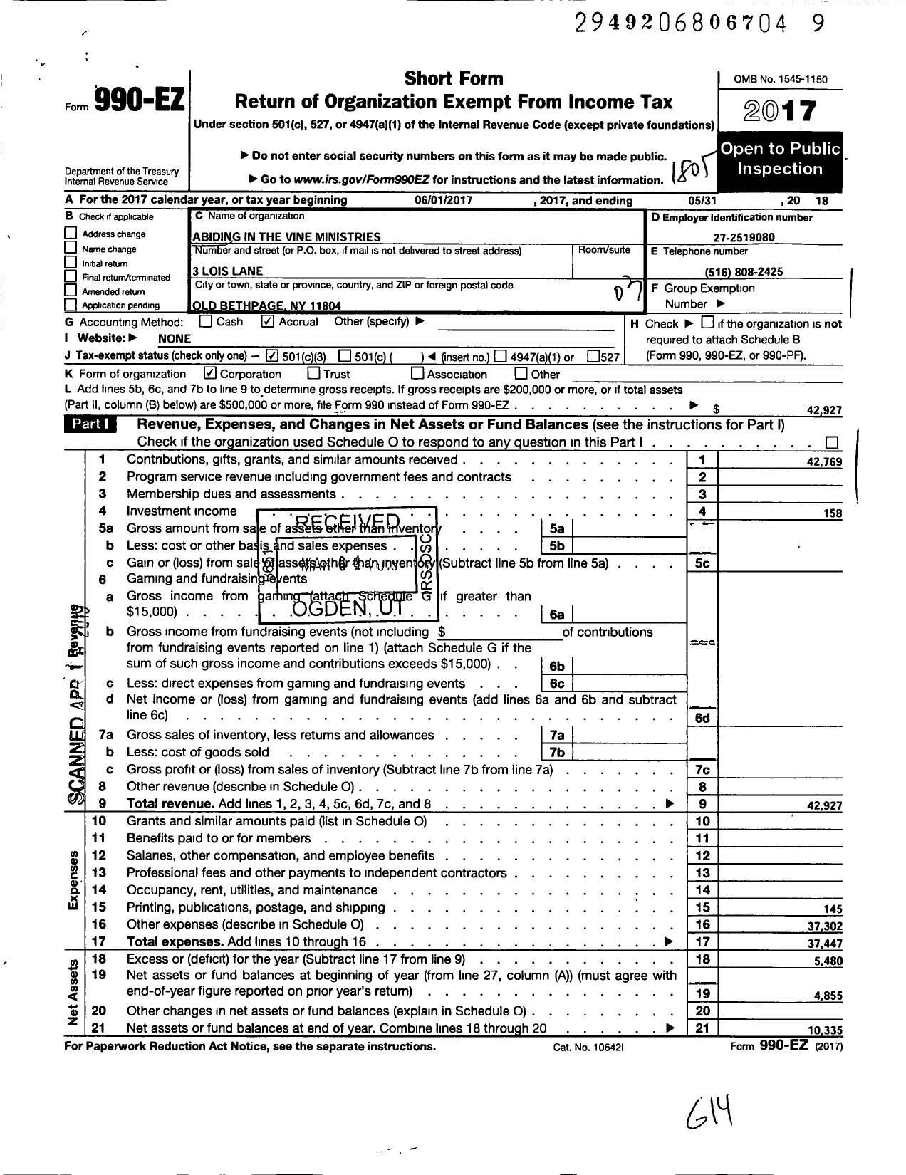 Image of first page of 2017 Form 990EZ for Abiding in the Vine