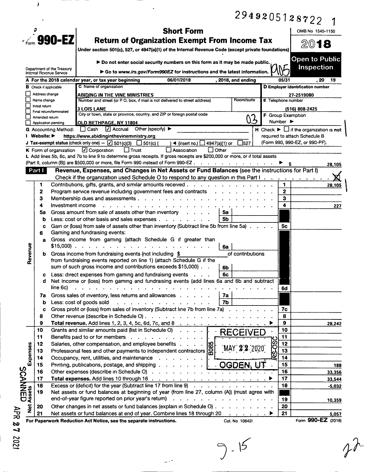 Image of first page of 2018 Form 990EZ for Abiding in the Vine