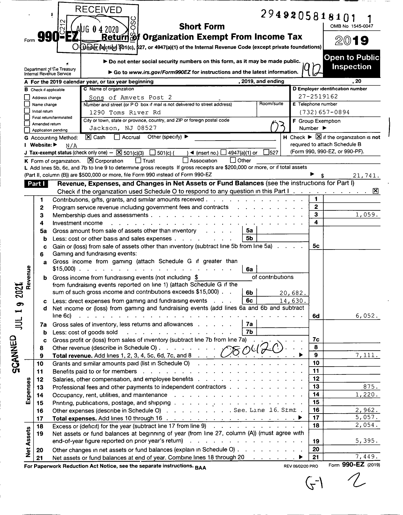 Image of first page of 2019 Form 990EZ for Sons of Amvets Post 2