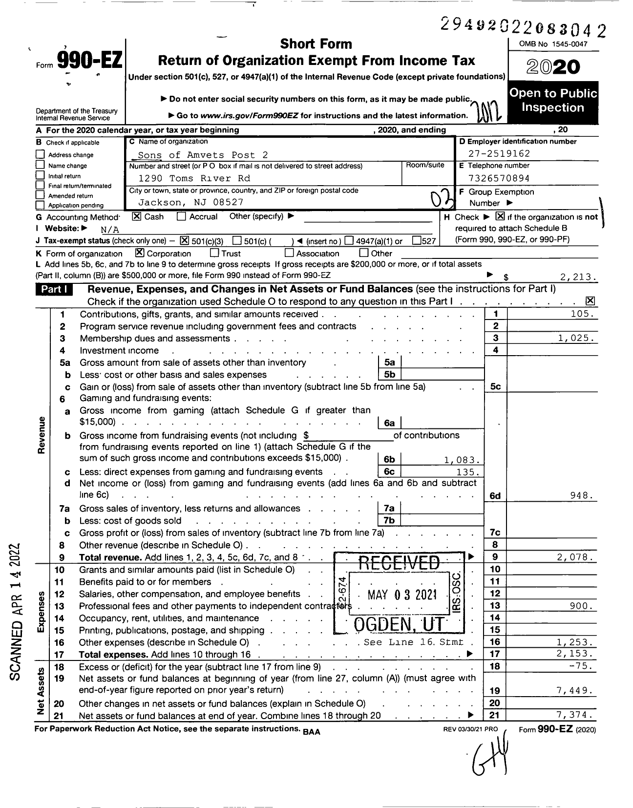 Image of first page of 2020 Form 990EZ for Sons of Amvets Post 2