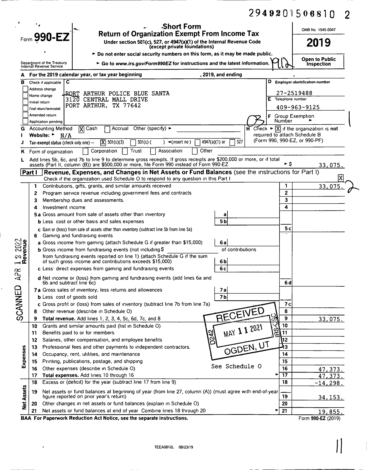 Image of first page of 2019 Form 990EZ for Port Arthur Police Blue Santa