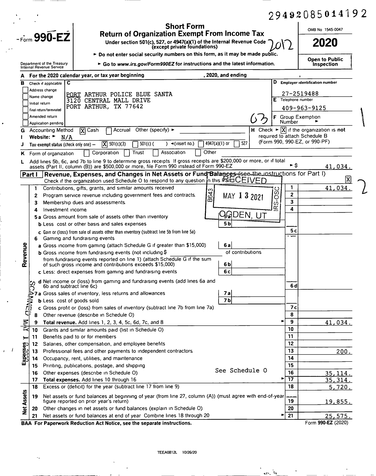 Image of first page of 2020 Form 990EZ for Port Arthur Police Blue Santa