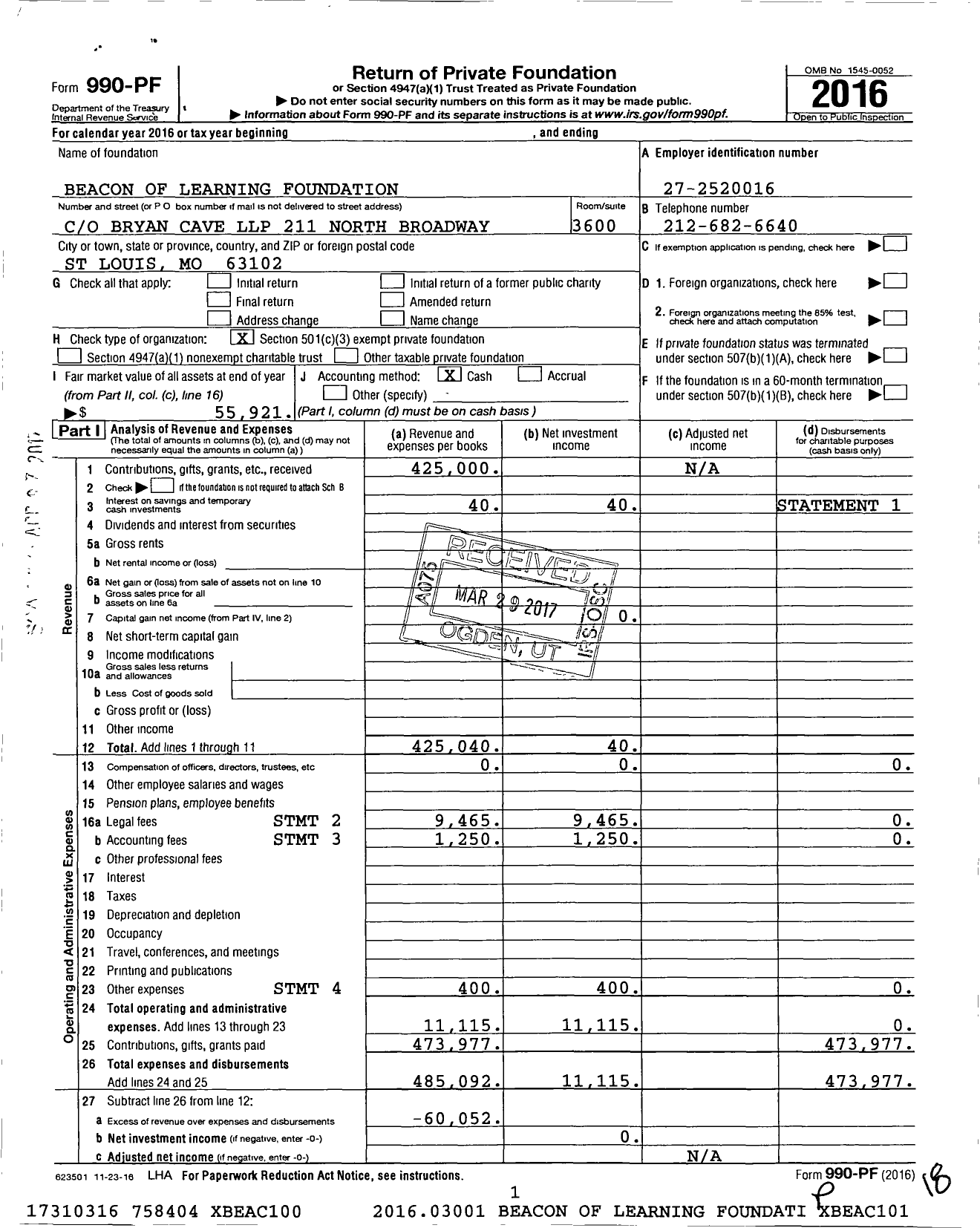 Image of first page of 2016 Form 990PF for Beacon of Learning Foundation