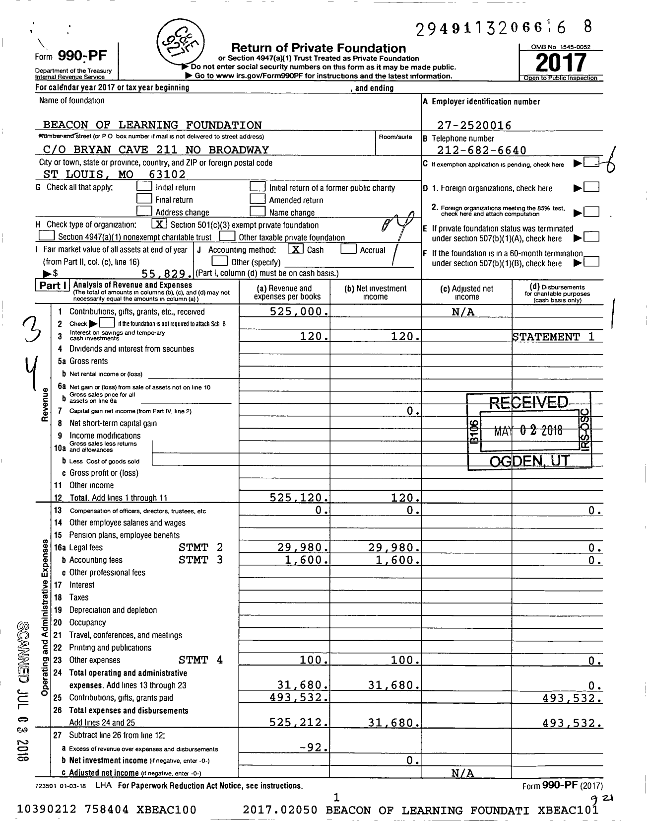 Image of first page of 2017 Form 990PF for Beacon of Learning Foundation