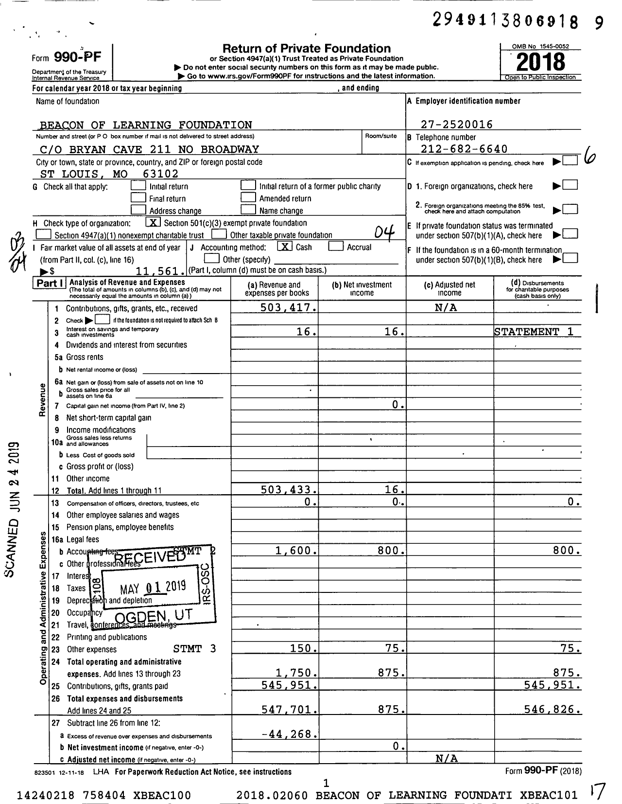 Image of first page of 2018 Form 990PF for Beacon of Learning Foundation