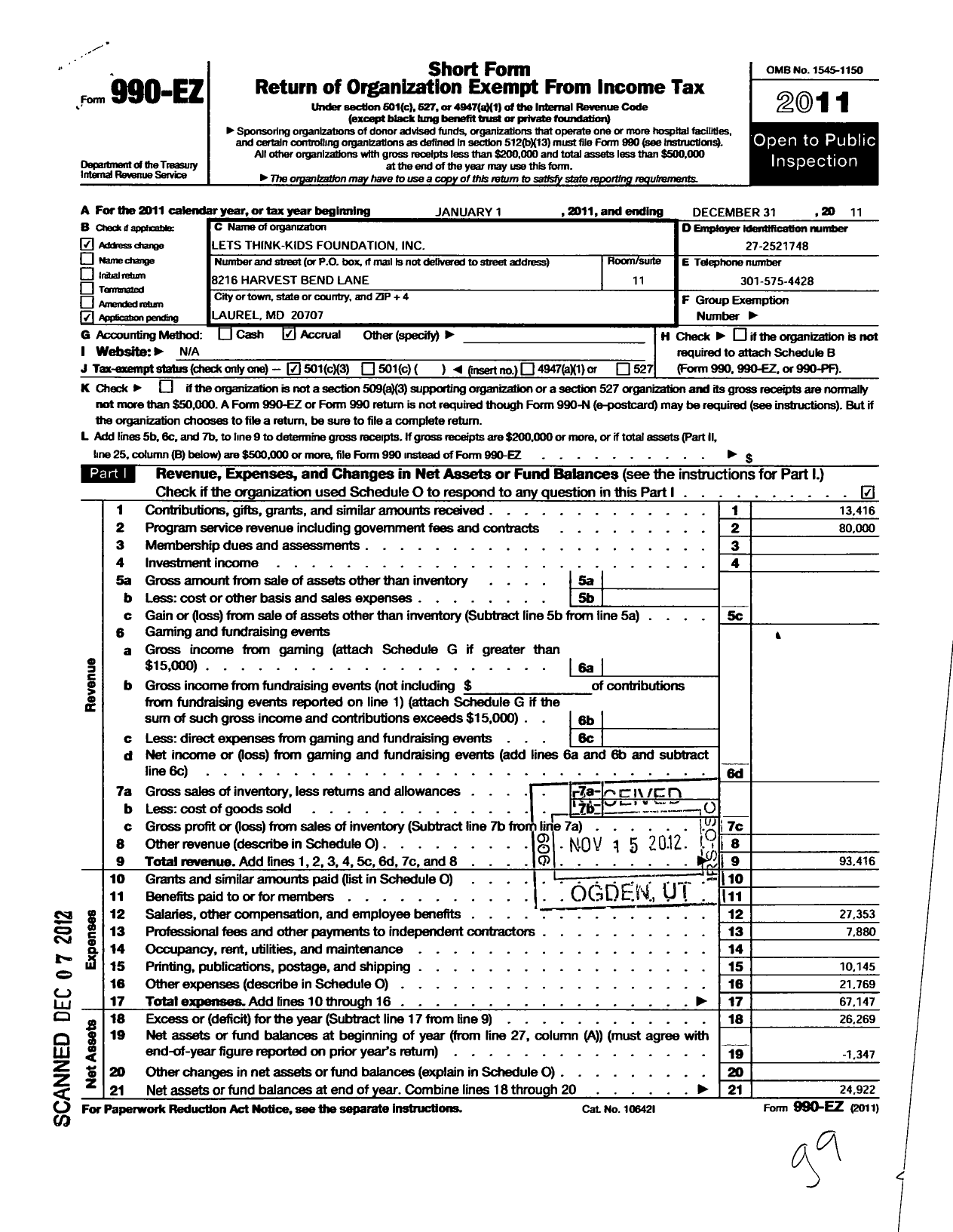 Image of first page of 2011 Form 990EZ for Lets Think-Kids Foundation