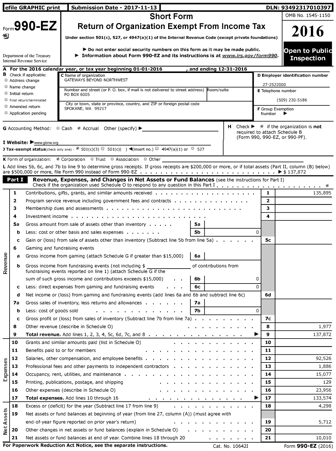 Image of first page of 2016 Form 990EZ for Gateways Beyond Northwest