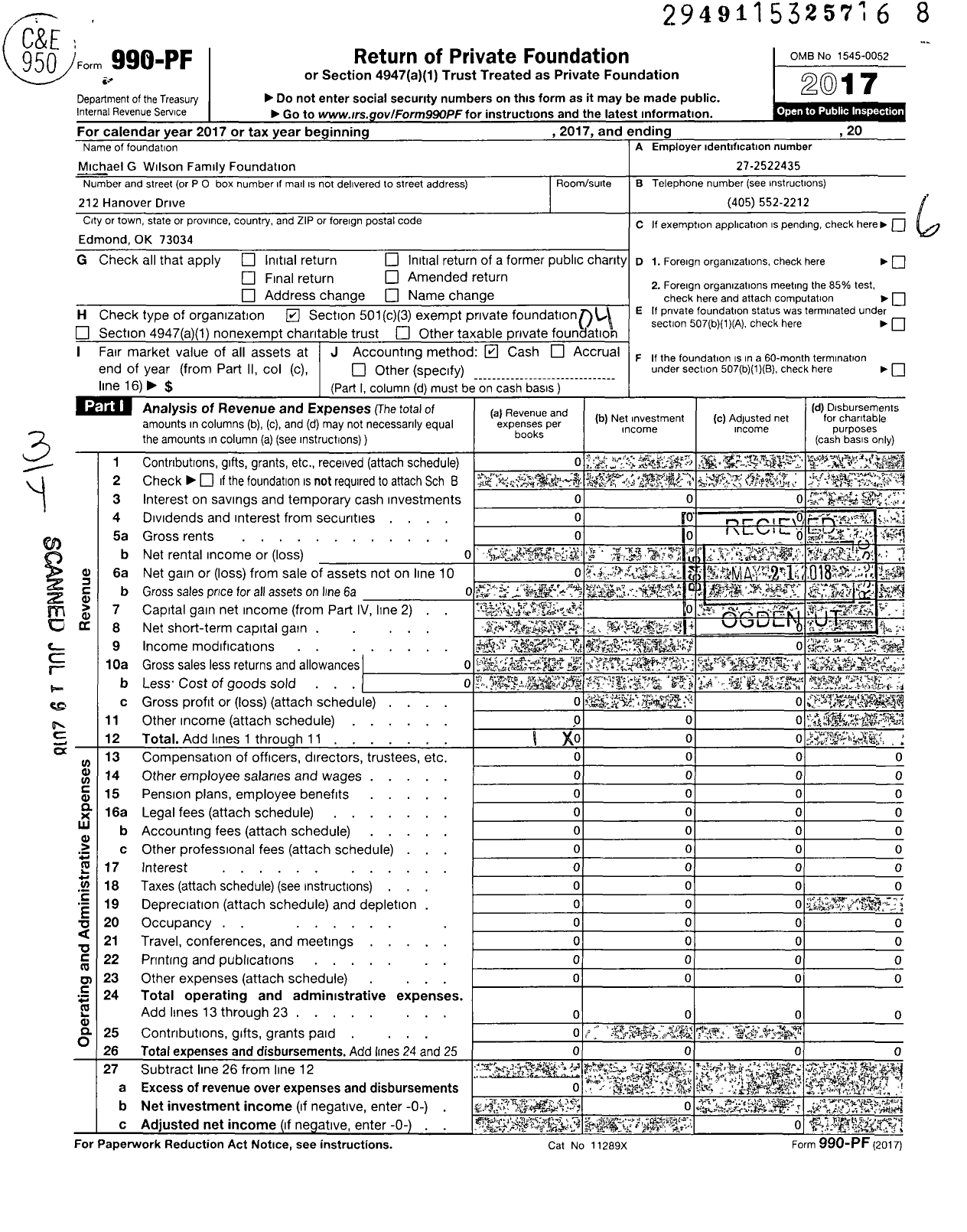 Image of first page of 2017 Form 990PF for Michael G Wilson Family Foundation