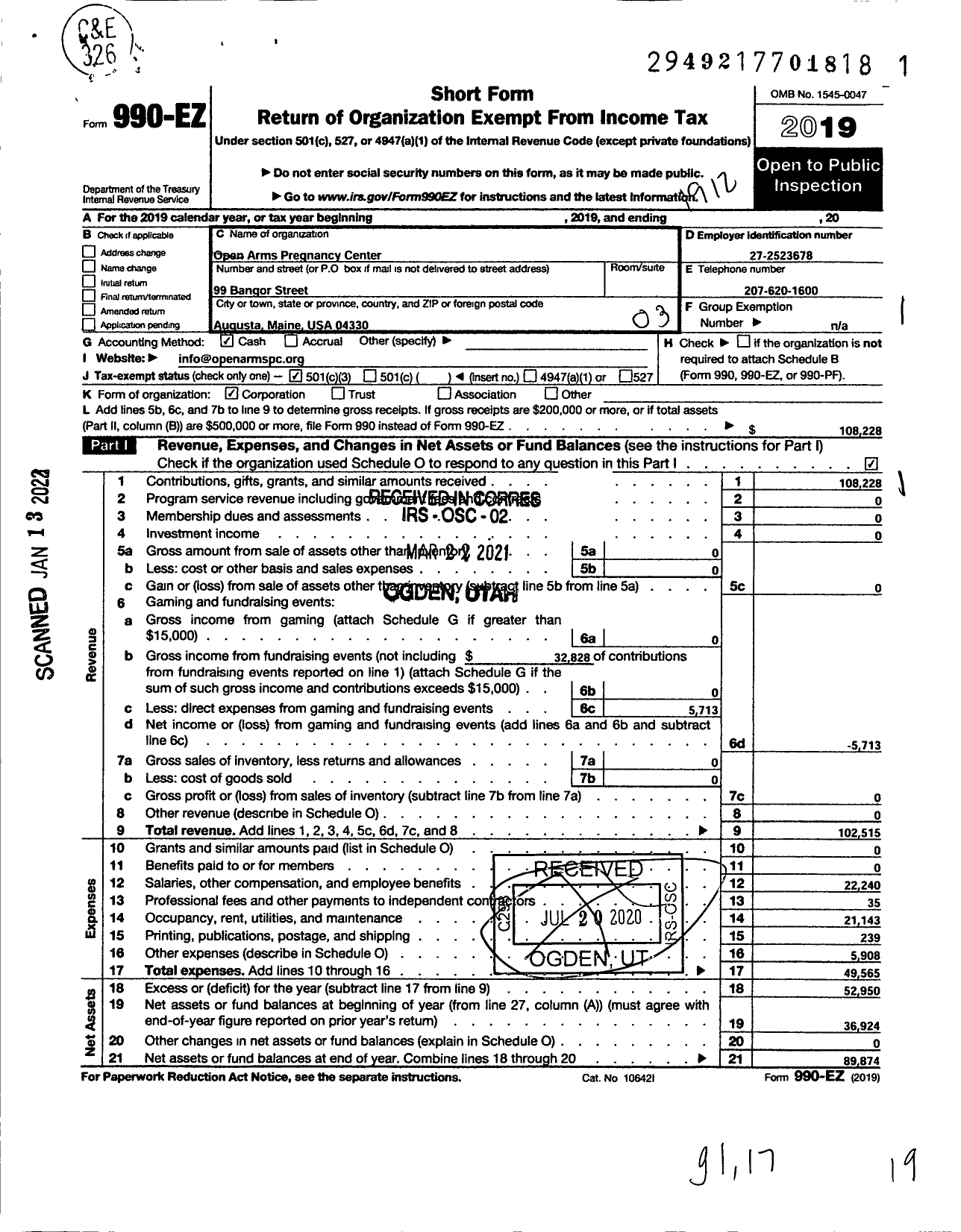 Image of first page of 2019 Form 990EZ for Open Arms Pregnancy Center