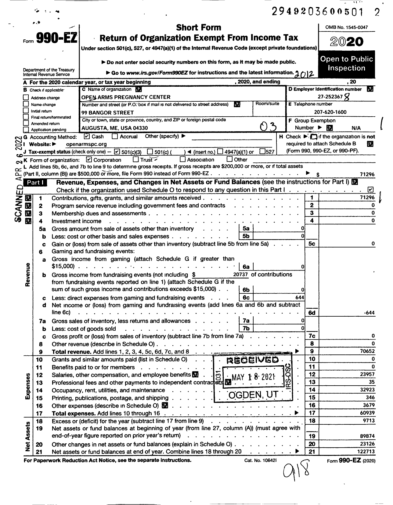 Image of first page of 2020 Form 990EZ for Open Arms Pregnancy Center