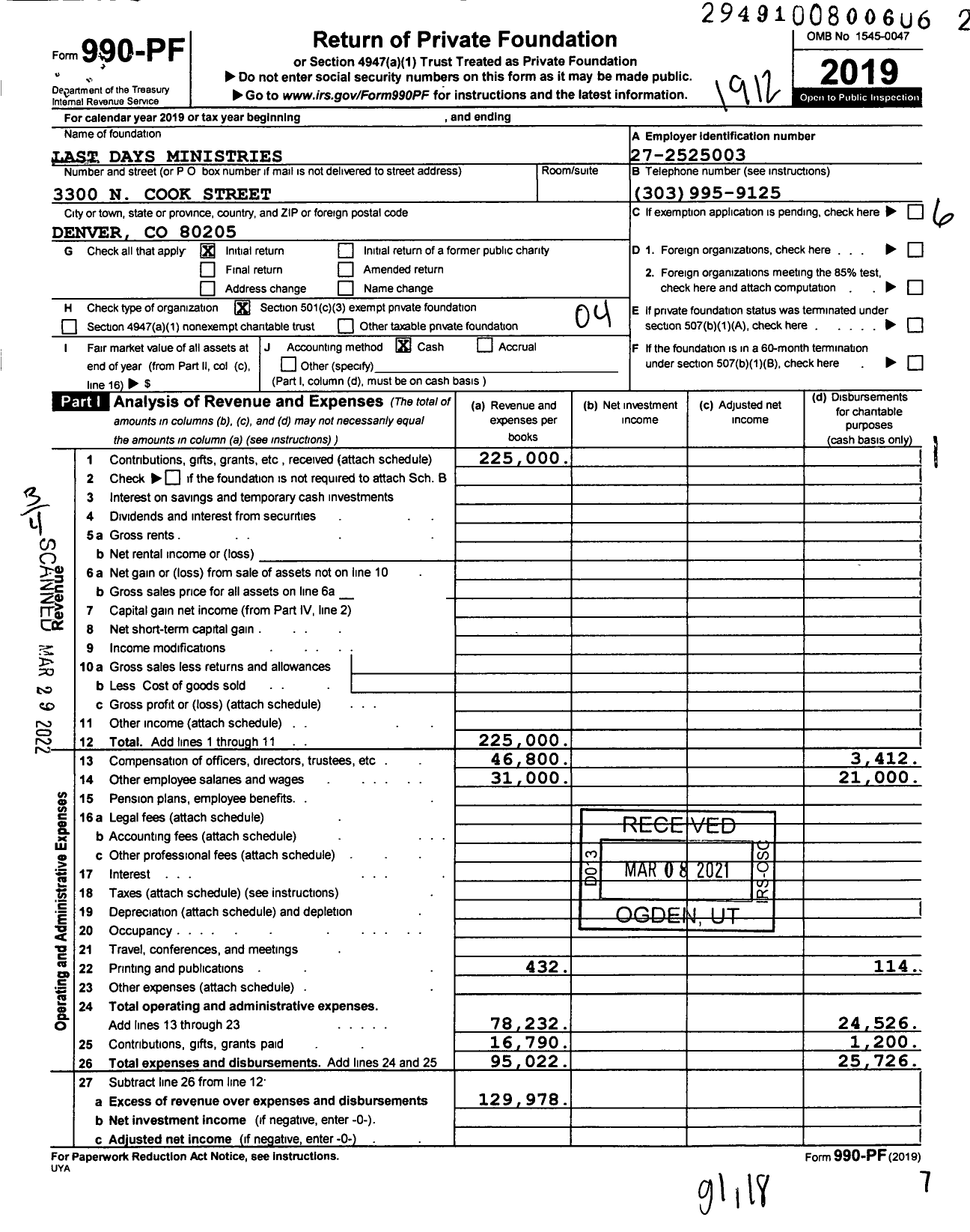 Image of first page of 2019 Form 990PF for Last Days Ministries LLC