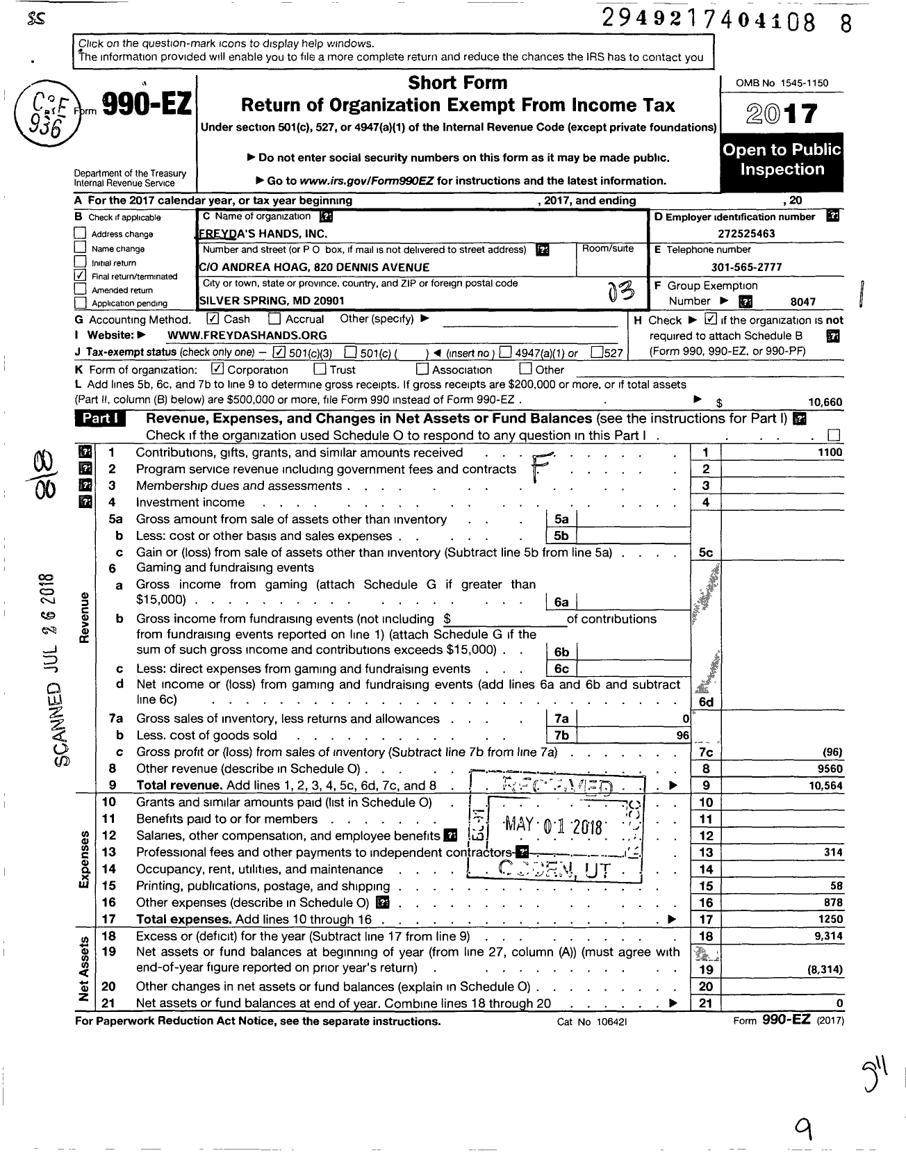 Image of first page of 2017 Form 990EZ for Freydas Hands