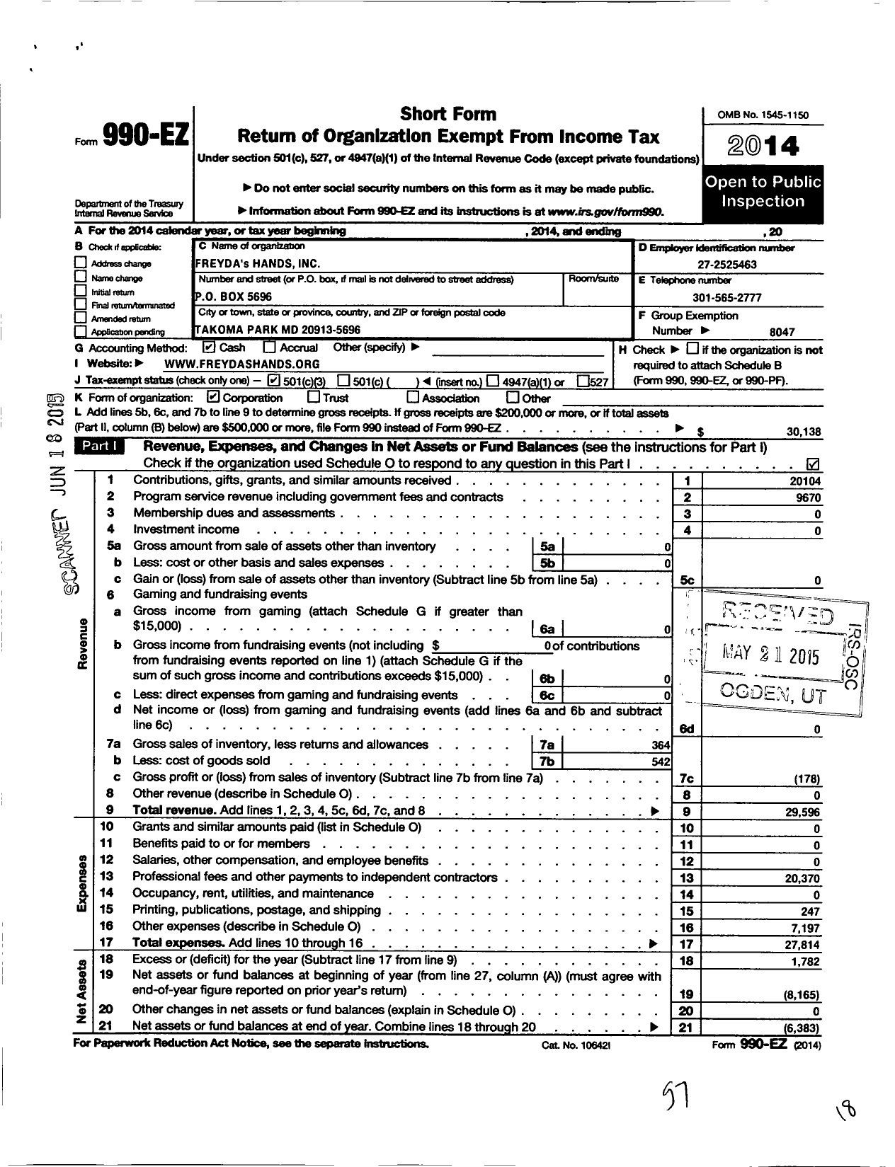 Image of first page of 2014 Form 990EZ for Freydas Hands