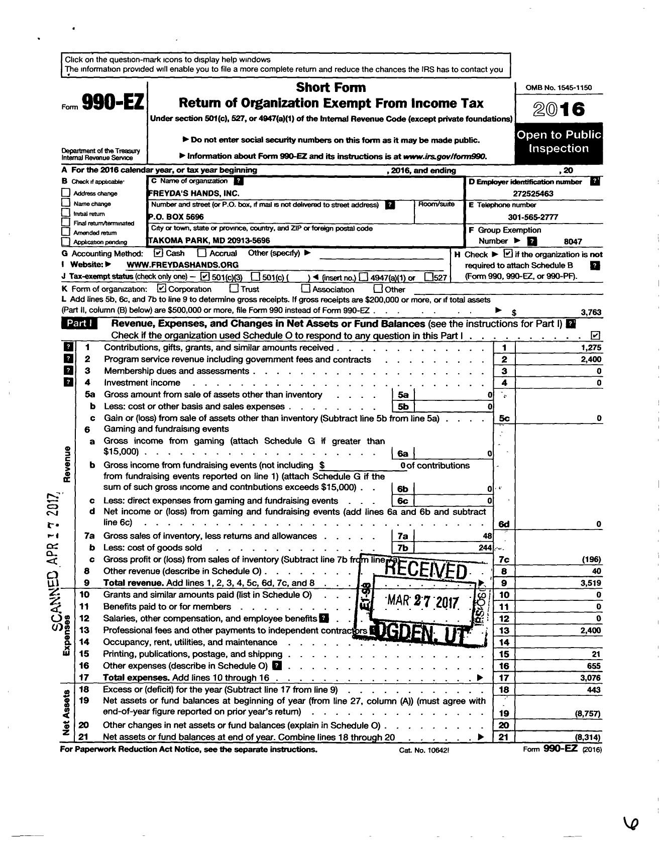 Image of first page of 2016 Form 990EZ for Freydas Hands