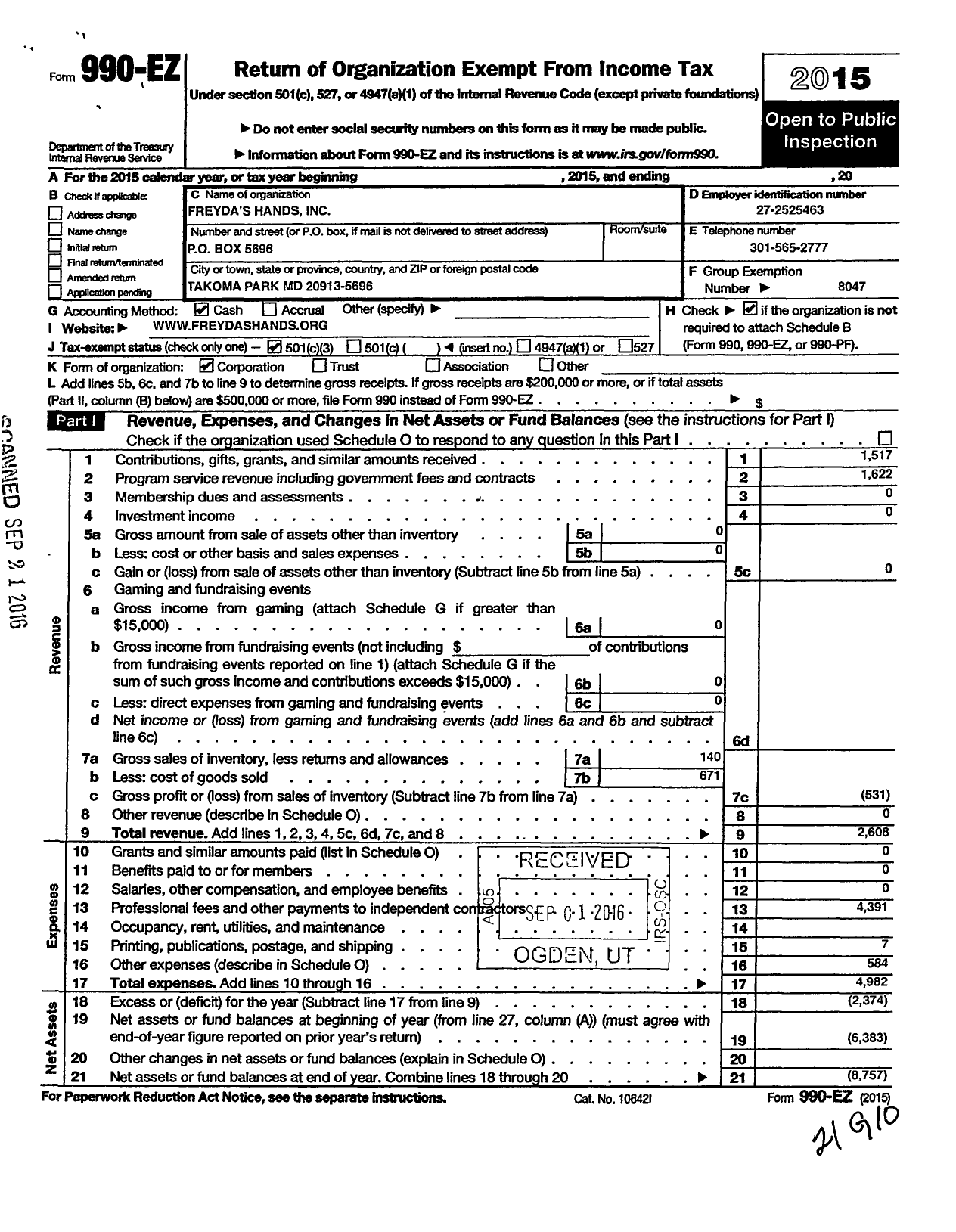 Image of first page of 2015 Form 990EZ for Freydas Hands