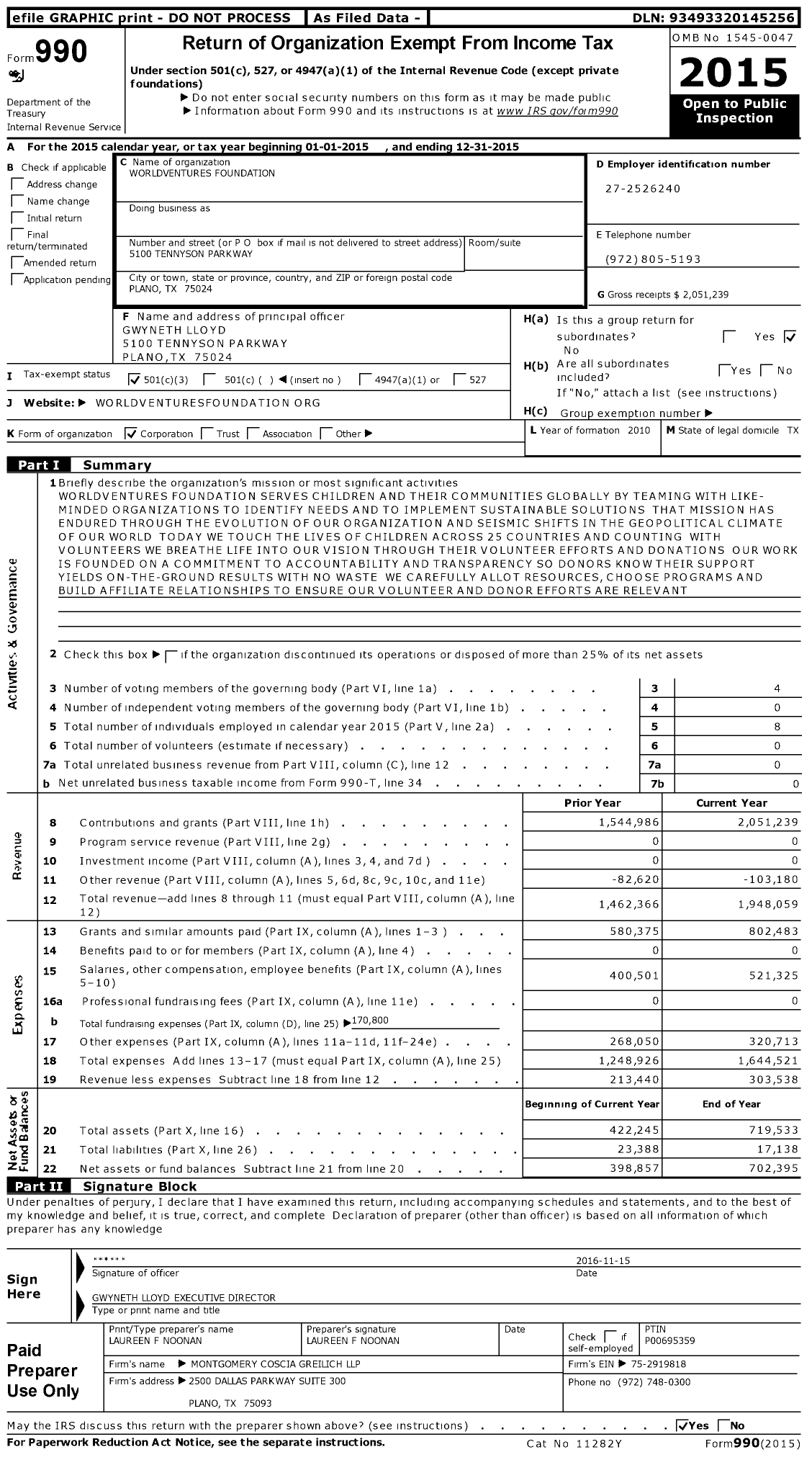 Image of first page of 2015 Form 990 for WorldVentures Foundation