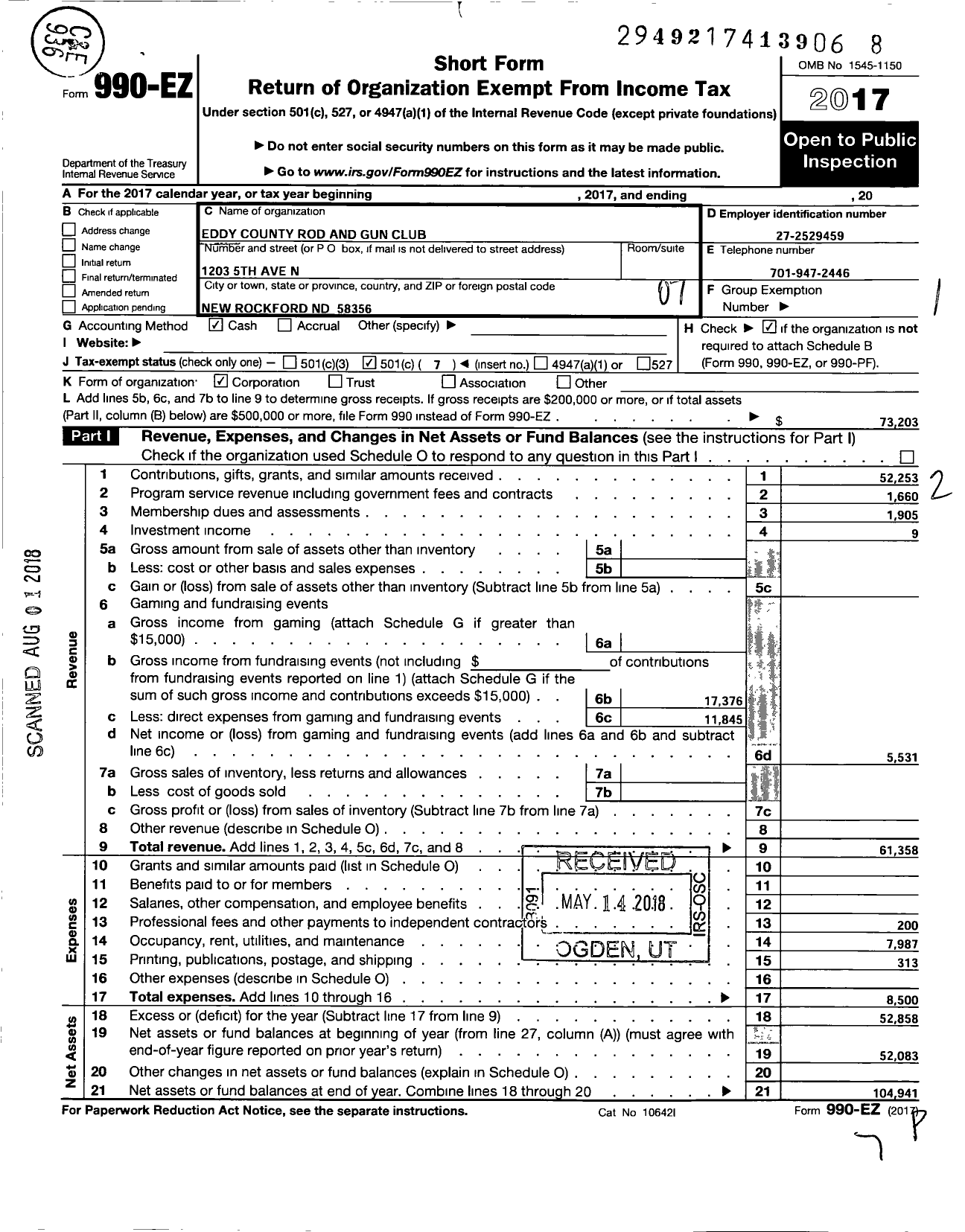 Image of first page of 2017 Form 990EO for Eddy County Rod and Gun Club