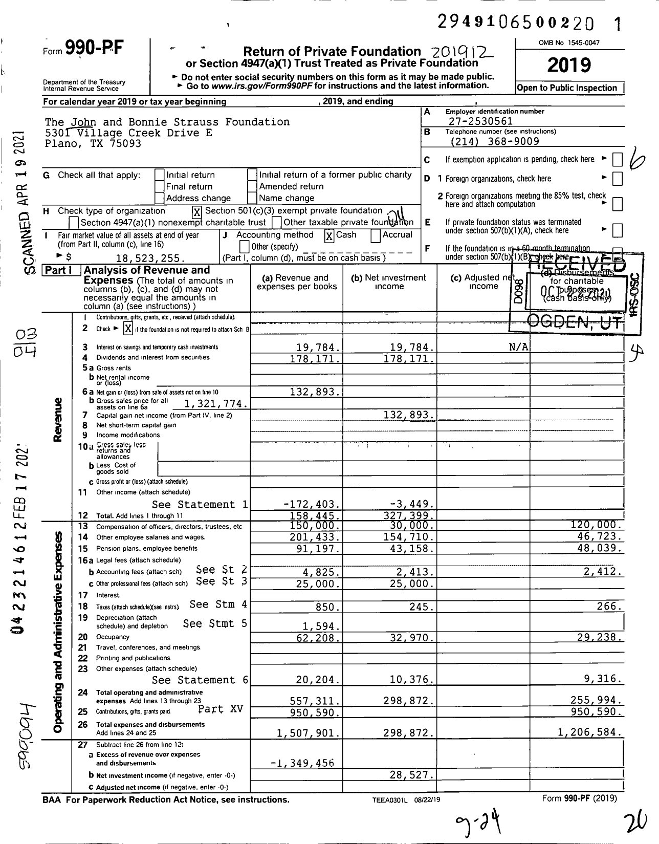 Image of first page of 2019 Form 990PF for The John and Bonnie Strauss Foundation