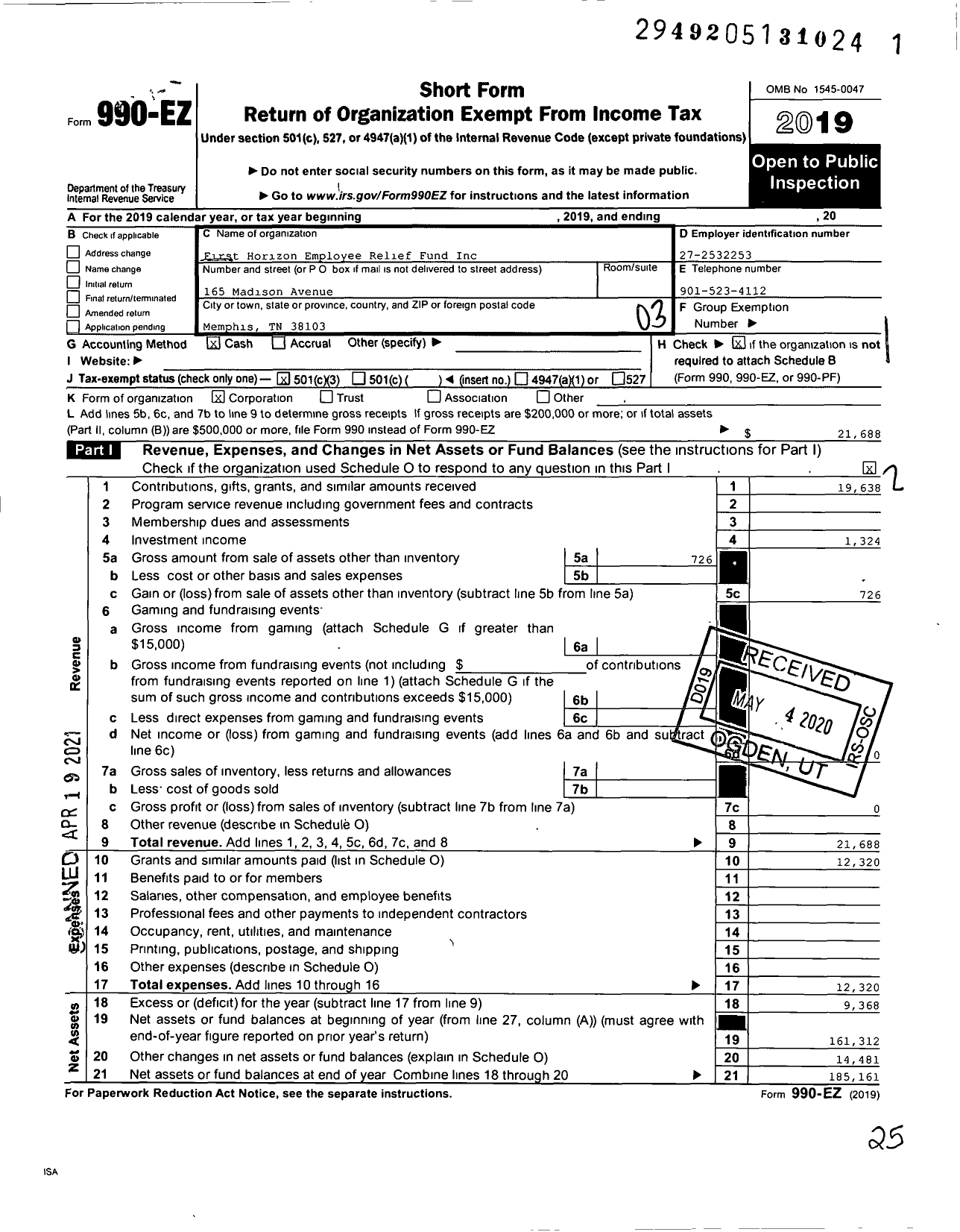 Image of first page of 2019 Form 990EZ for First Horizon Employee Relief Fund