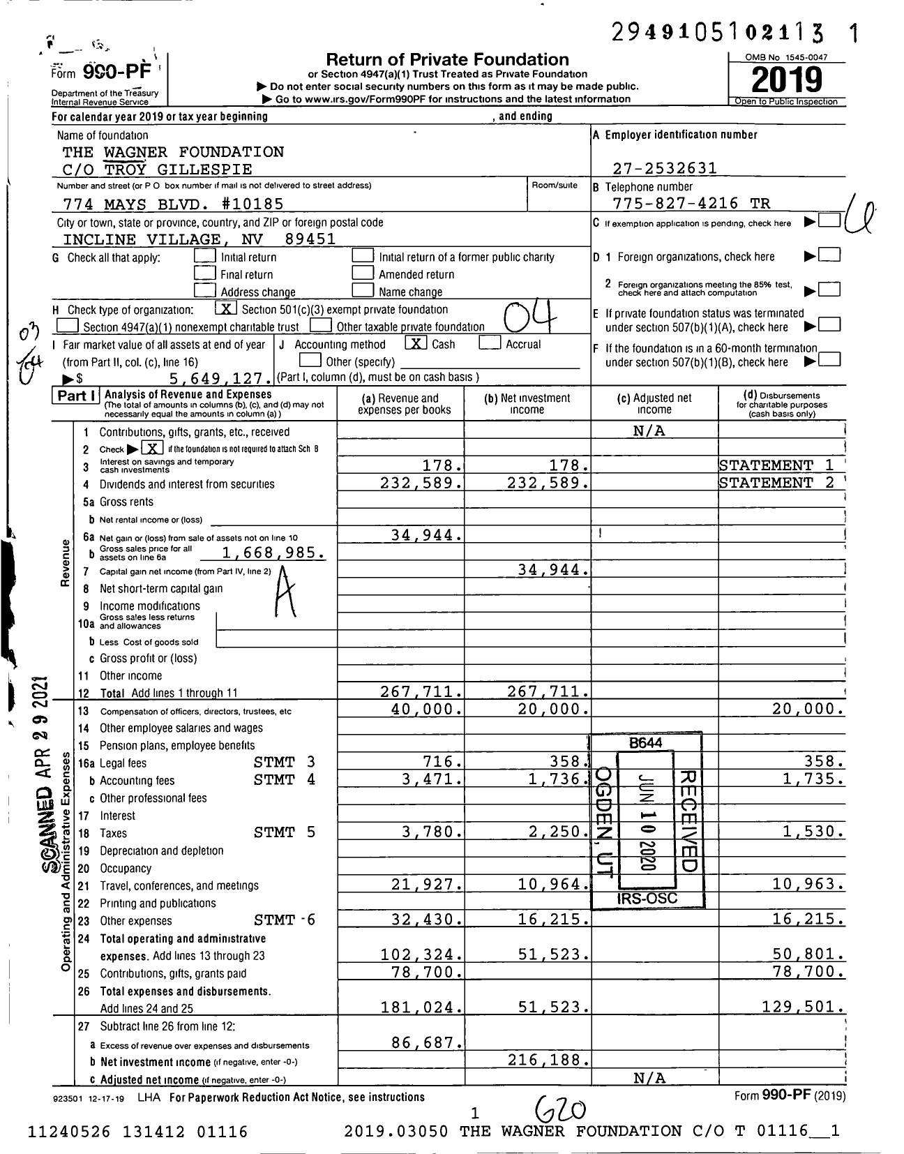 Image of first page of 2019 Form 990PF for The Wagner Foundation