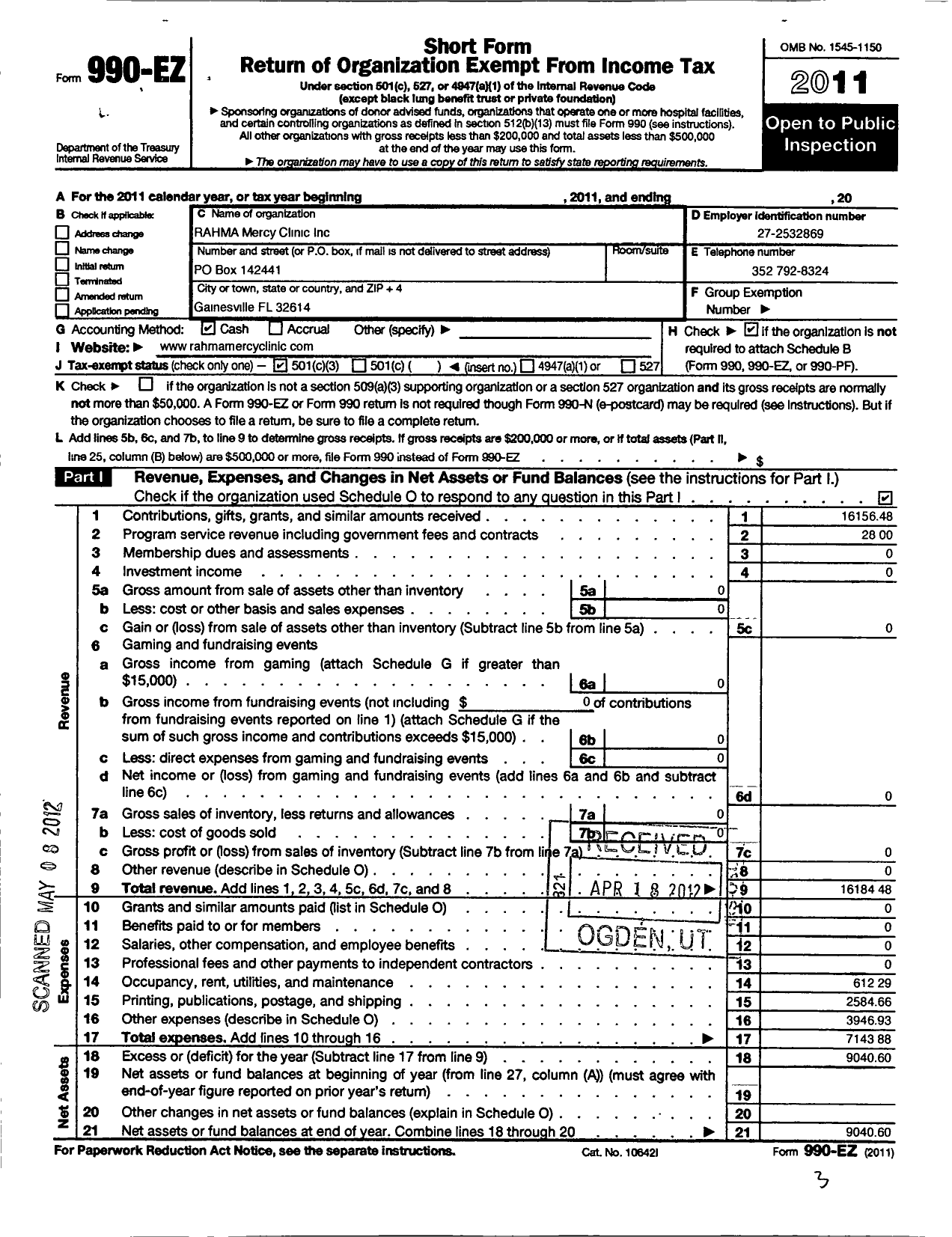 Image of first page of 2011 Form 990EZ for Rahma Mercy Clinic