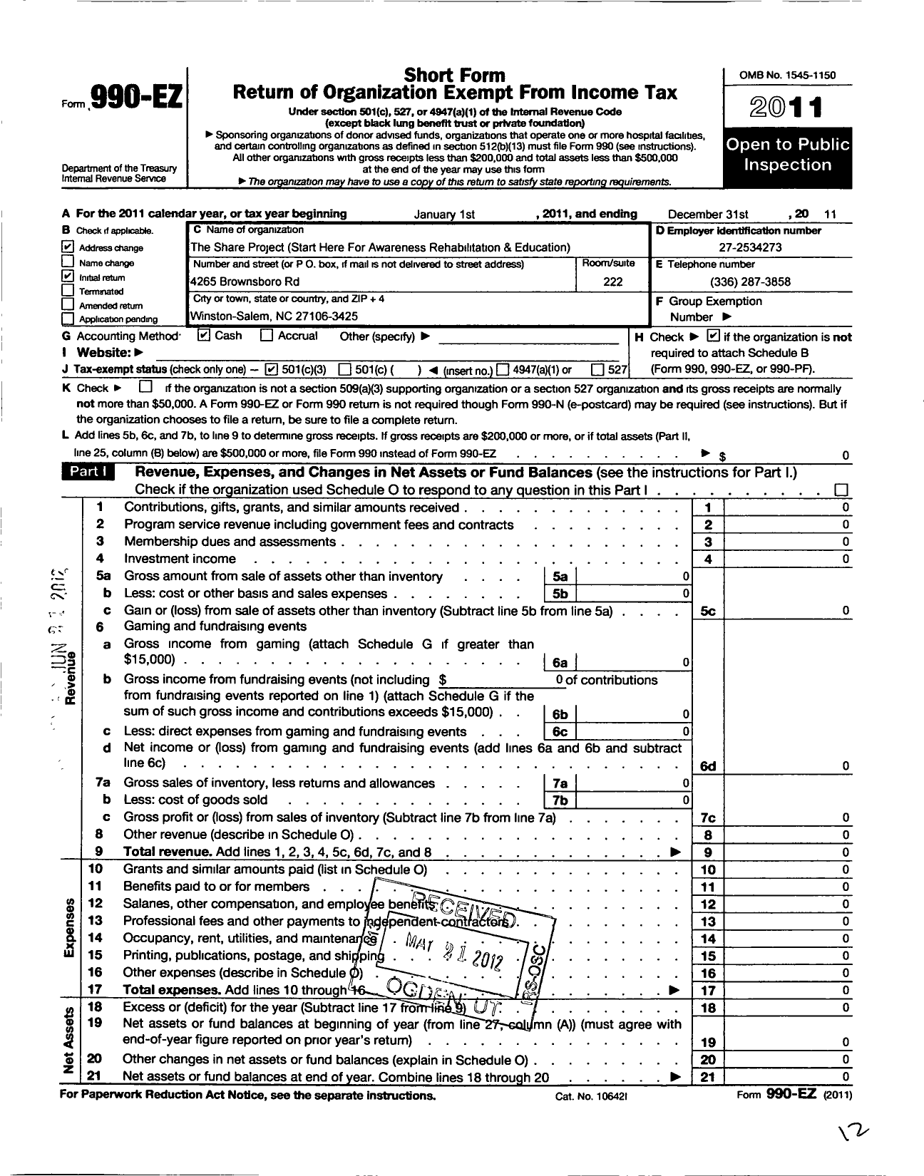 Image of first page of 2011 Form 990EZ for Share Project