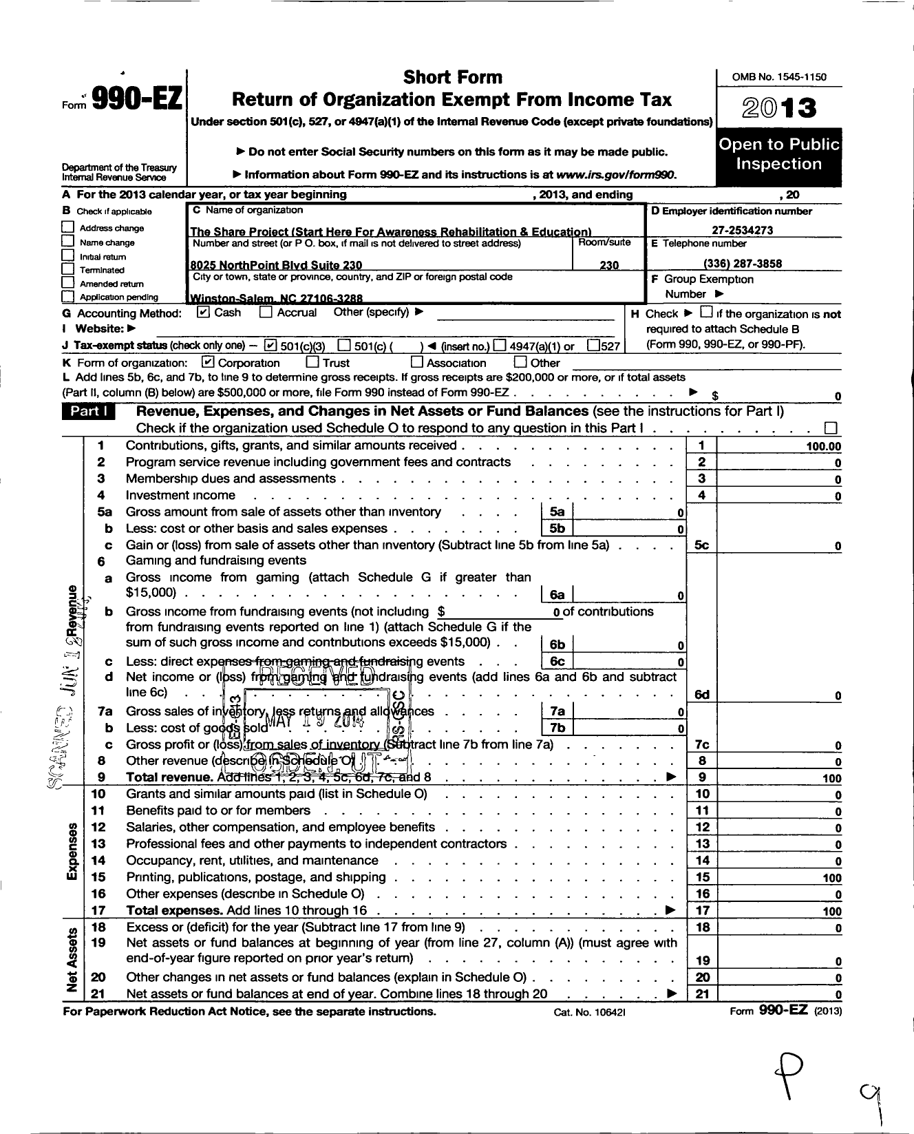 Image of first page of 2013 Form 990EZ for Share Project