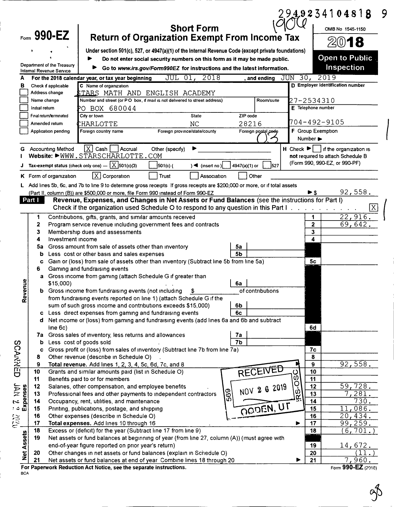 Image of first page of 2018 Form 990EZ for Stars Math and English Academy