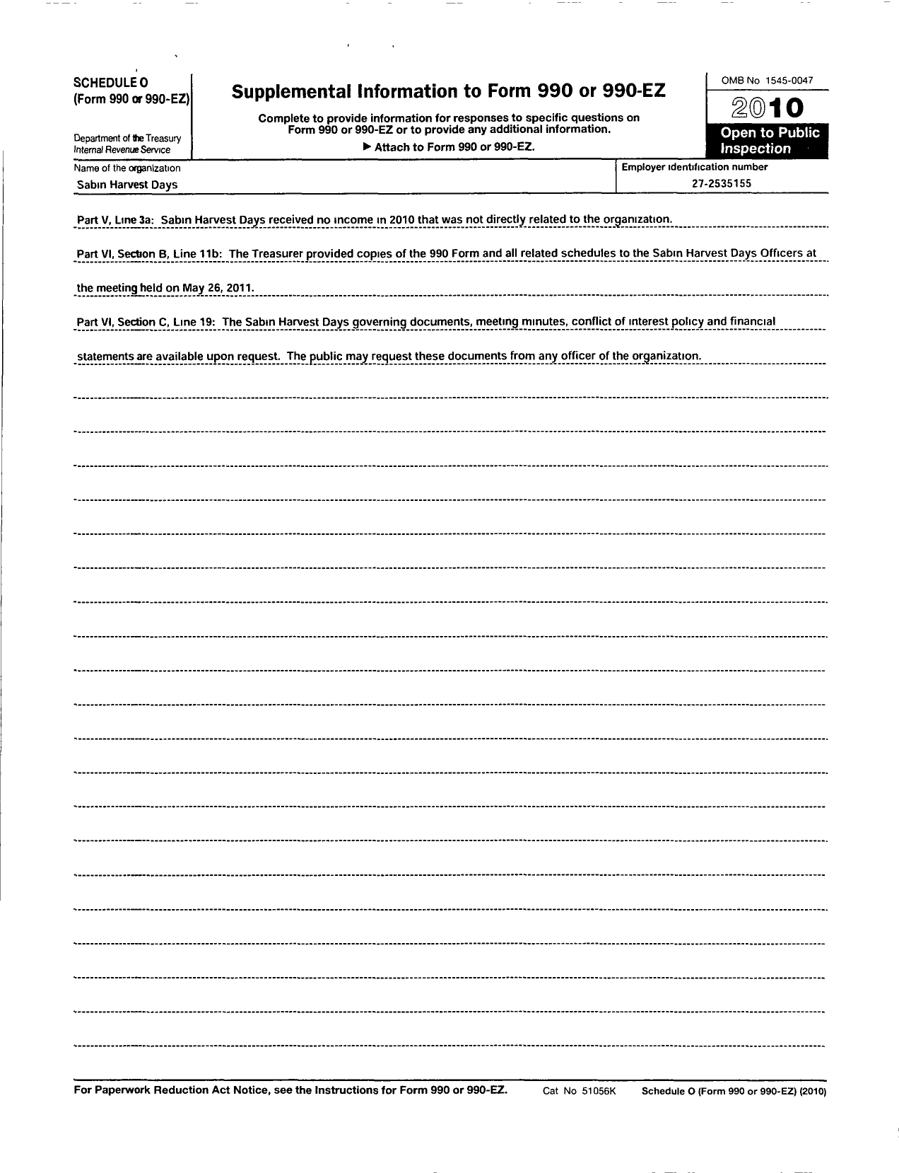 Image of first page of 2010 Form 990R for Sabin Harvest Days