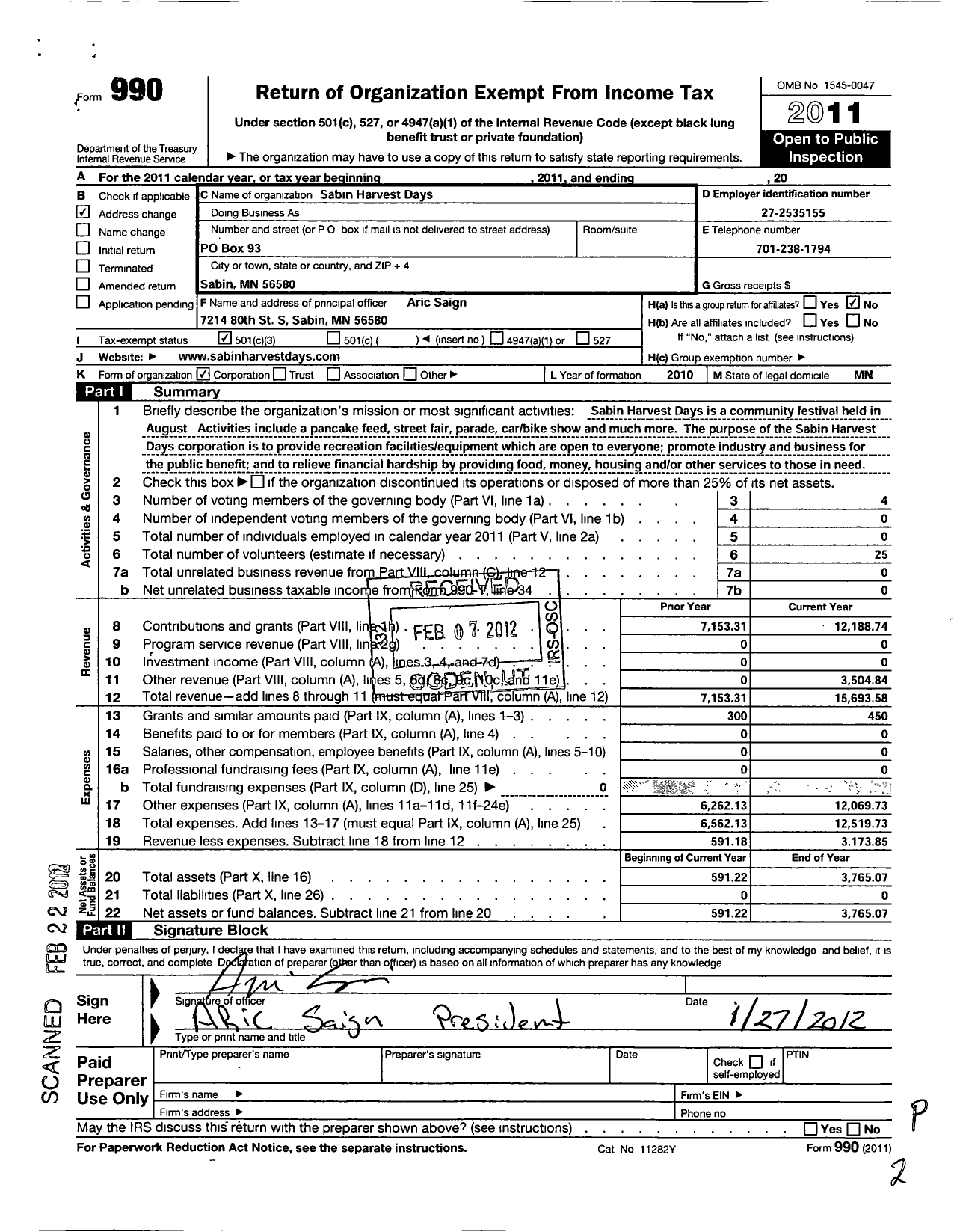 Image of first page of 2011 Form 990 for Sabin Harvest Days