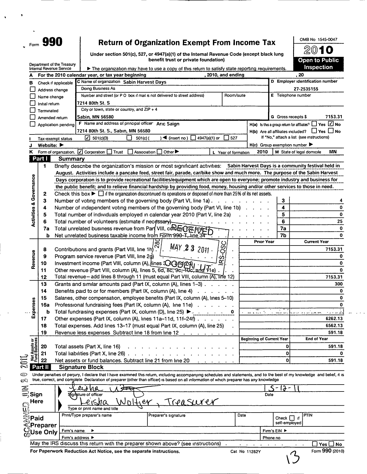 Image of first page of 2010 Form 990 for Sabin Harvest Days