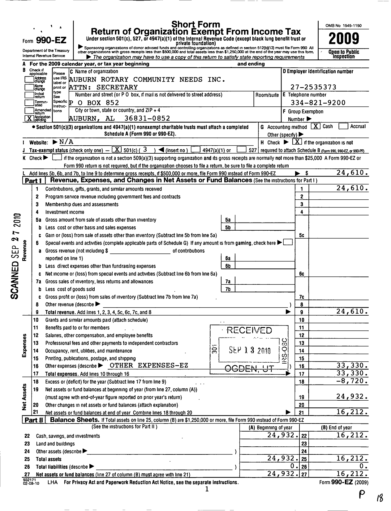 Image of first page of 2009 Form 990EZ for Auburn Rotary Community Needs