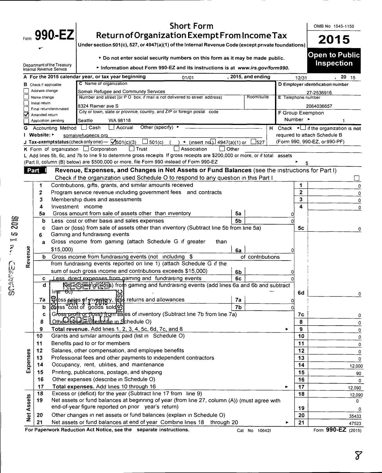 Image of first page of 2015 Form 990EZ for Somali Refugee and Community Services