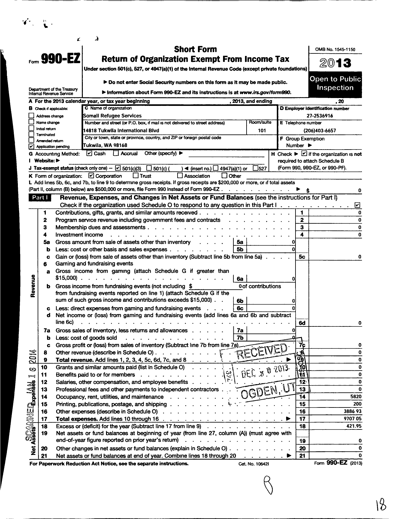 Image of first page of 2013 Form 990EZ for Somali Refugee and Community Services