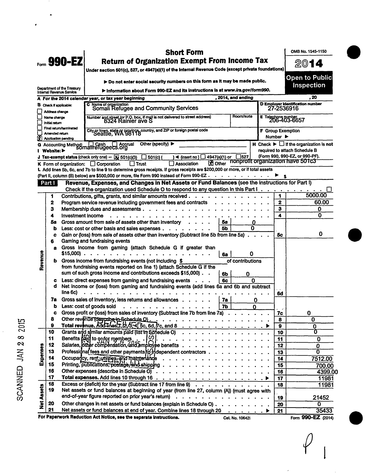 Image of first page of 2014 Form 990EZ for Somali Refugee and Community Services