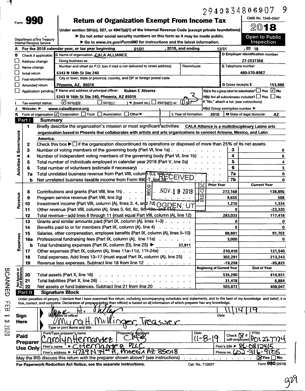 Image of first page of 2018 Form 990 for CALA Alliance