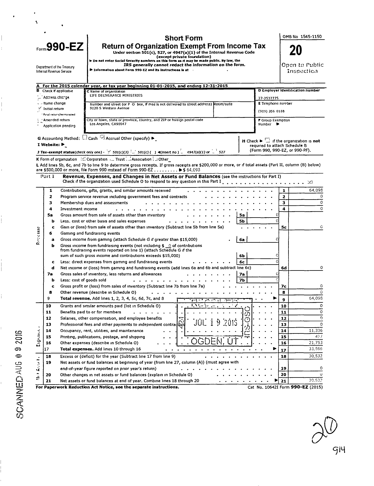 Image of first page of 2015 Form 990EZ for Life Deliverance Ministries