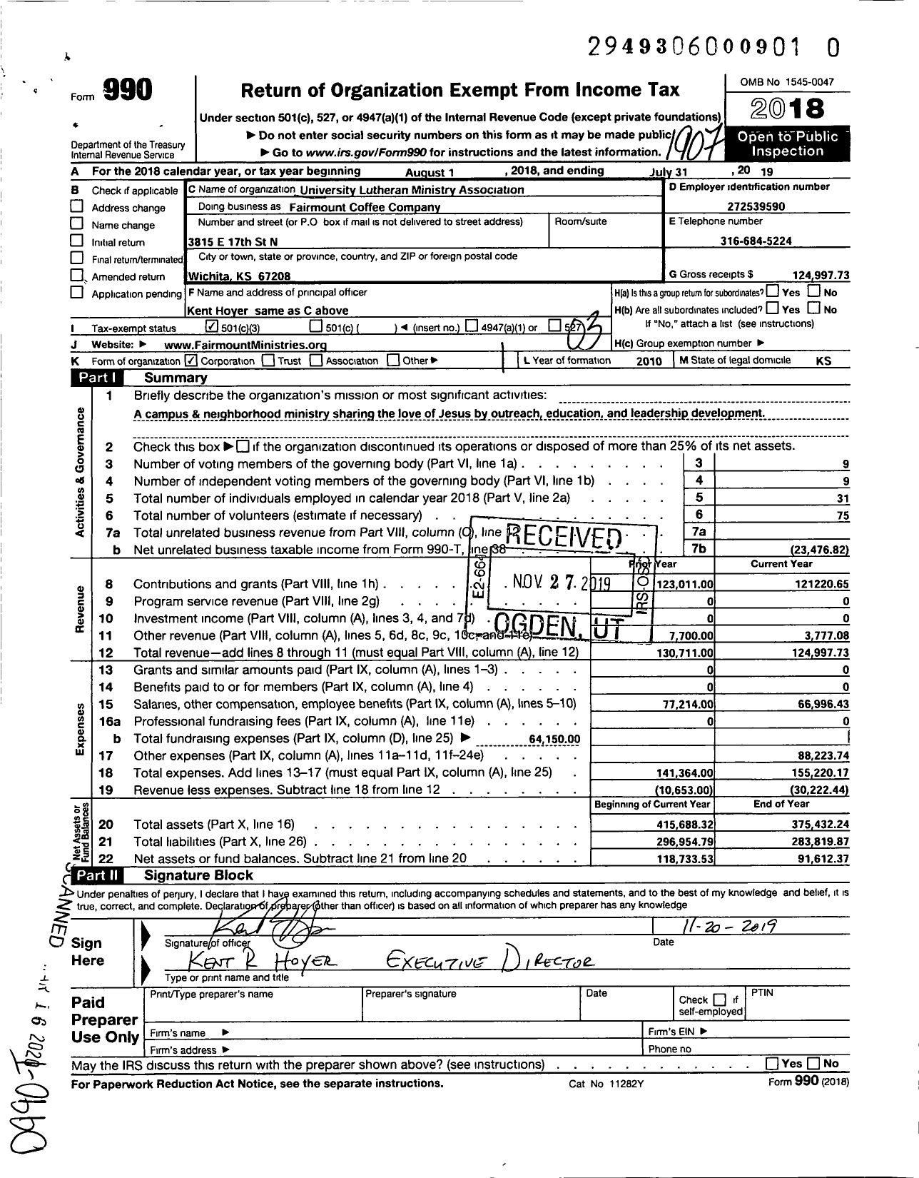 Image of first page of 2018 Form 990 for Fairmount Coffee Company