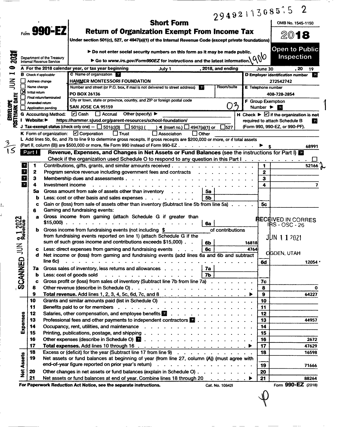 Image of first page of 2018 Form 990EZ for Hammer Montessori Foundation