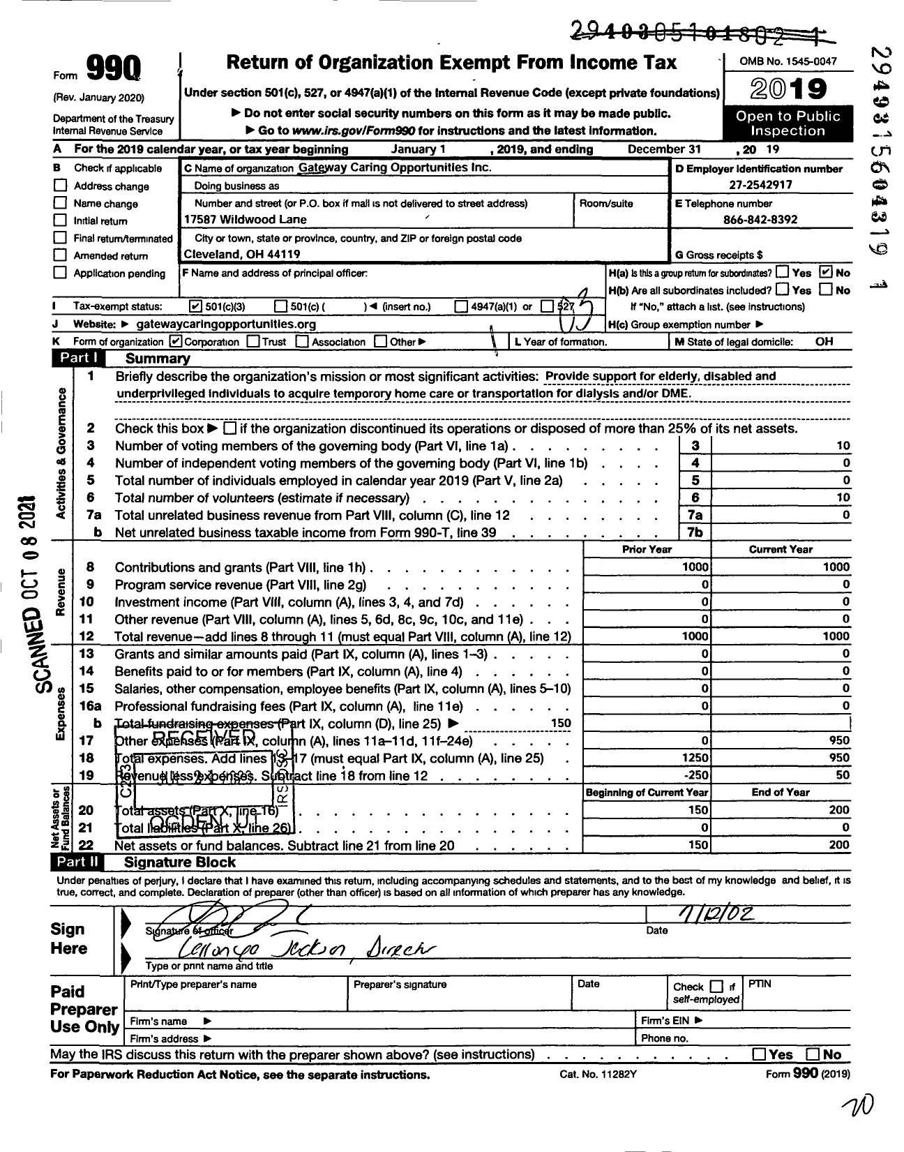 Image of first page of 2019 Form 990 for Gateway Caring Opportunities Foundation