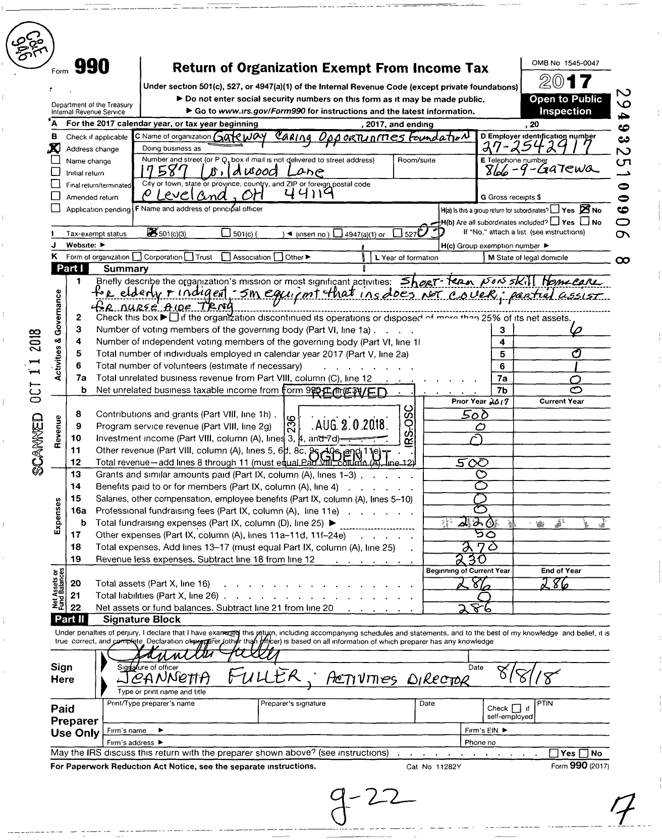 Image of first page of 2017 Form 990 for Gateway Caring Opportunities Foundation