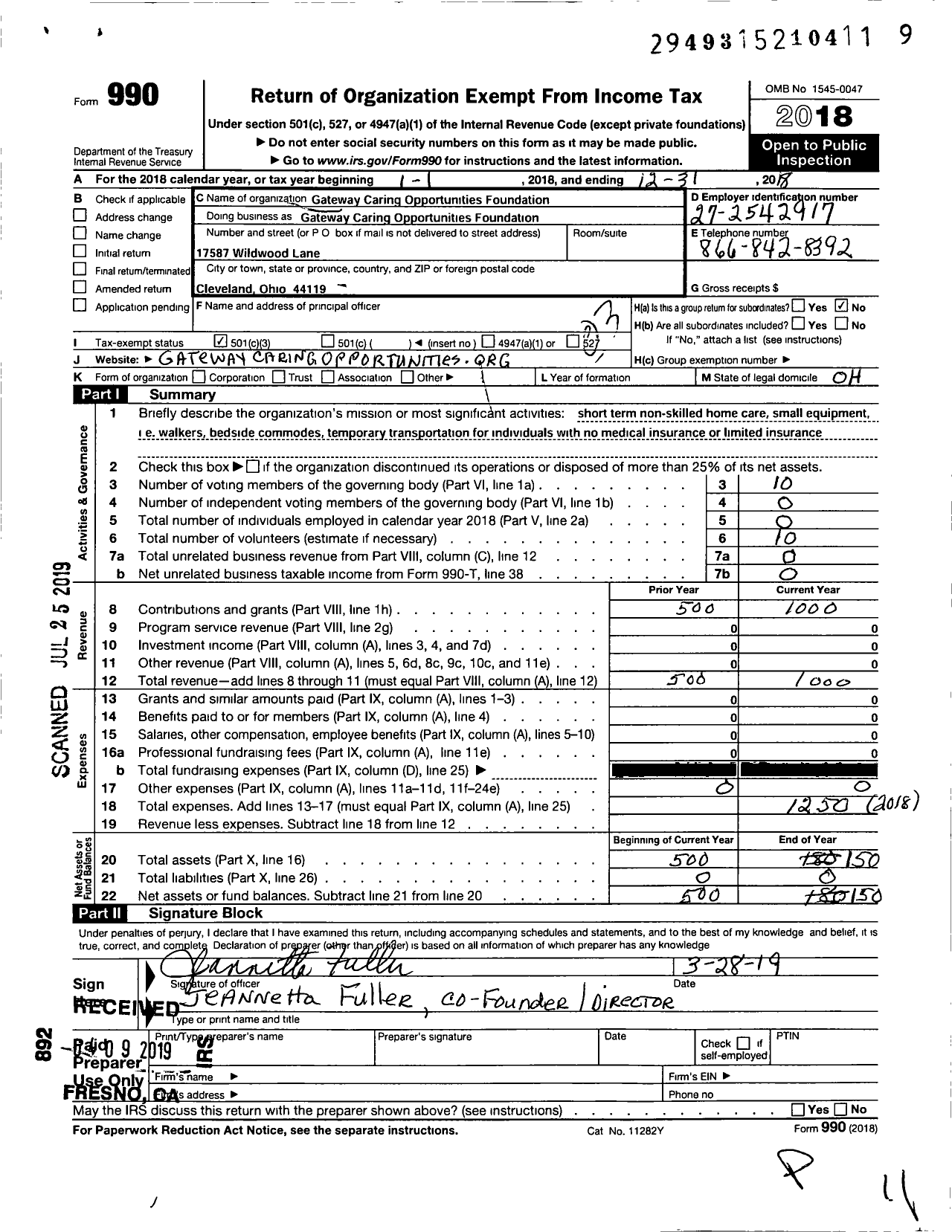 Image of first page of 2018 Form 990 for Gateway Caring Opportunities Foundation