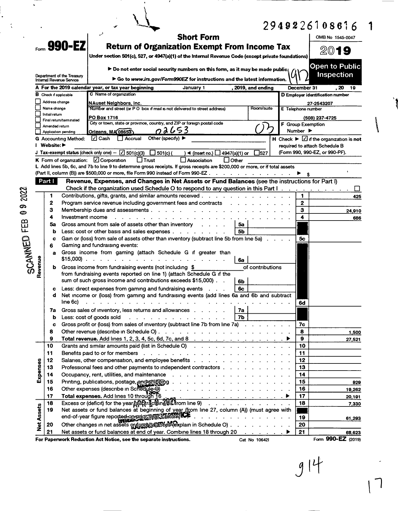 Image of first page of 2019 Form 990EZ for Nauset Neighbors