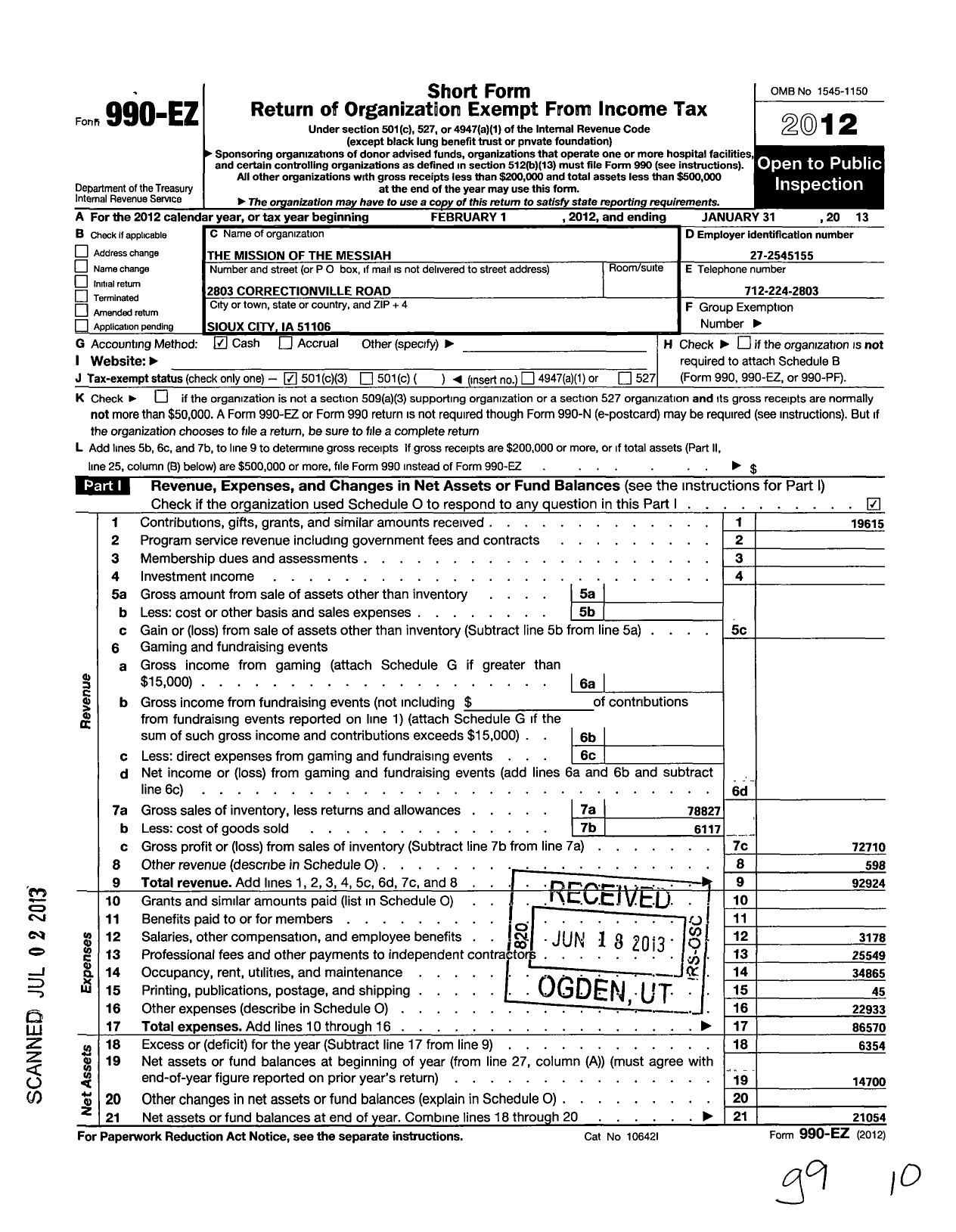 Image of first page of 2012 Form 990EZ for Mission of the Messiah