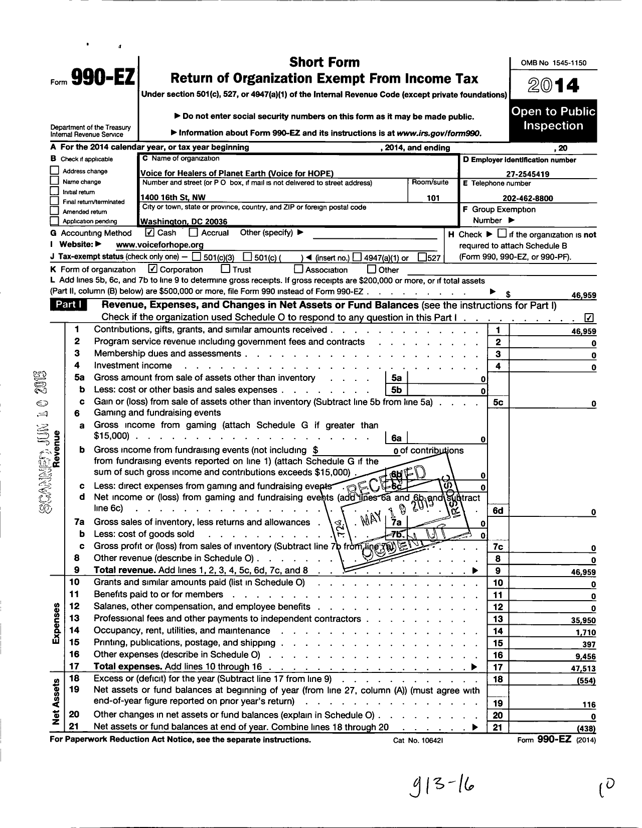 Image of first page of 2014 Form 990EO for Voice for Healers of Planet Earth Voice for Hope