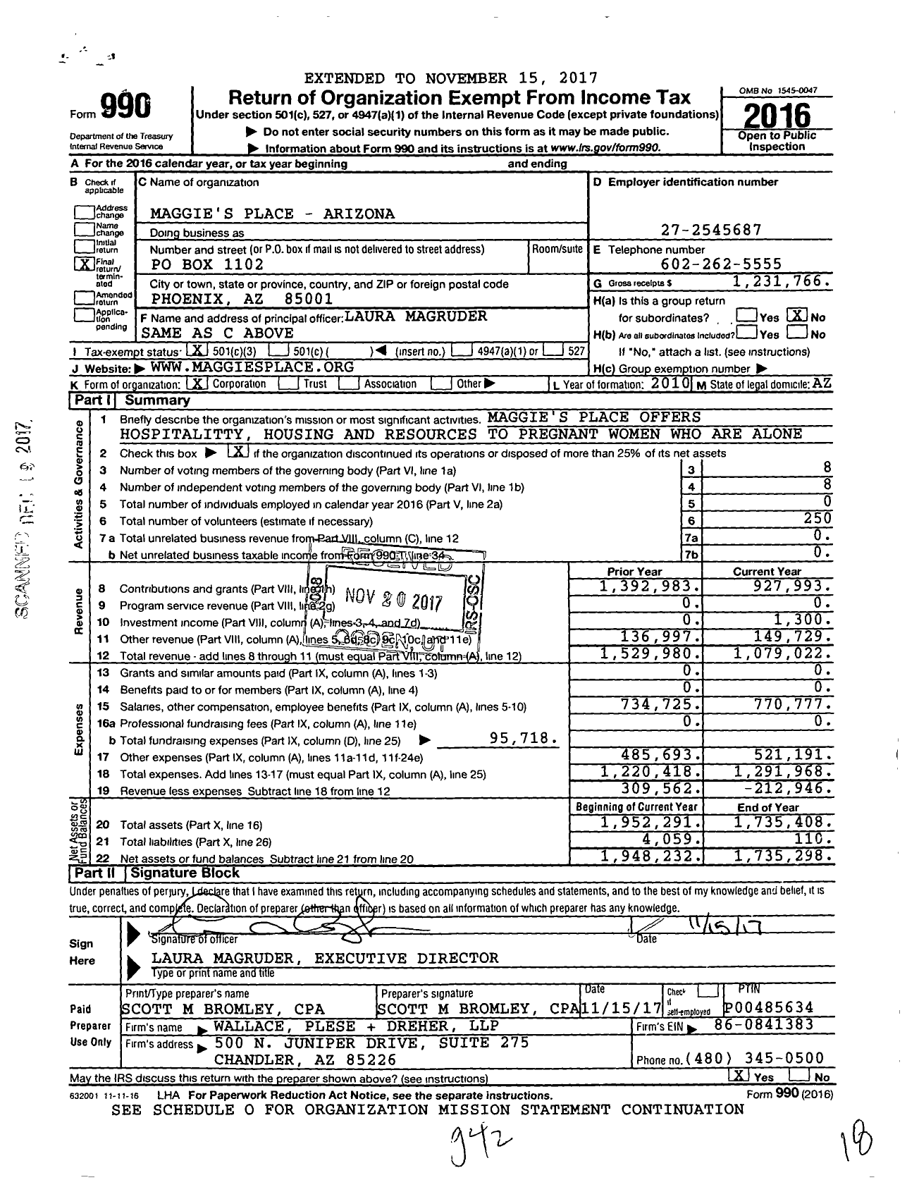 Image of first page of 2016 Form 990 for Maggie's Place - Arizona