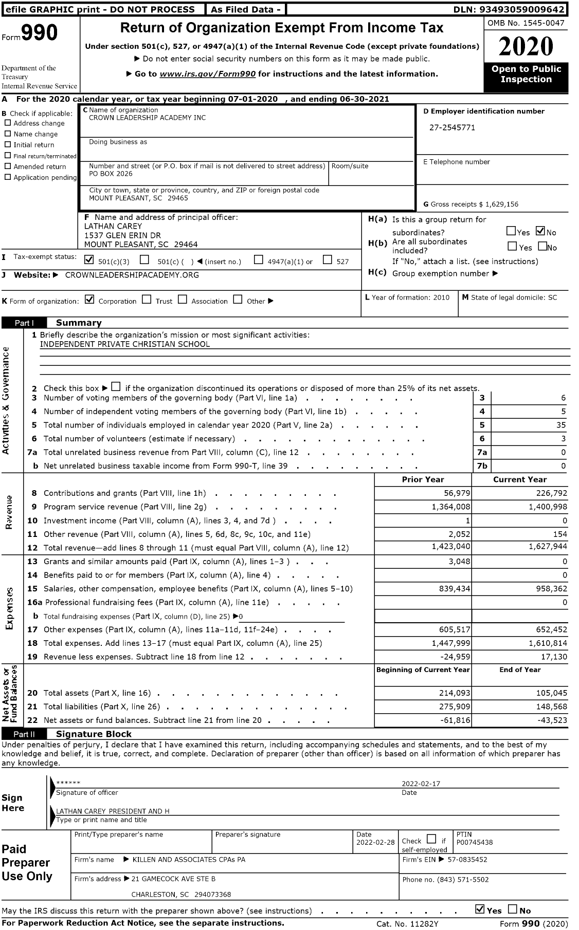 Image of first page of 2020 Form 990 for Crown Leadership Academy