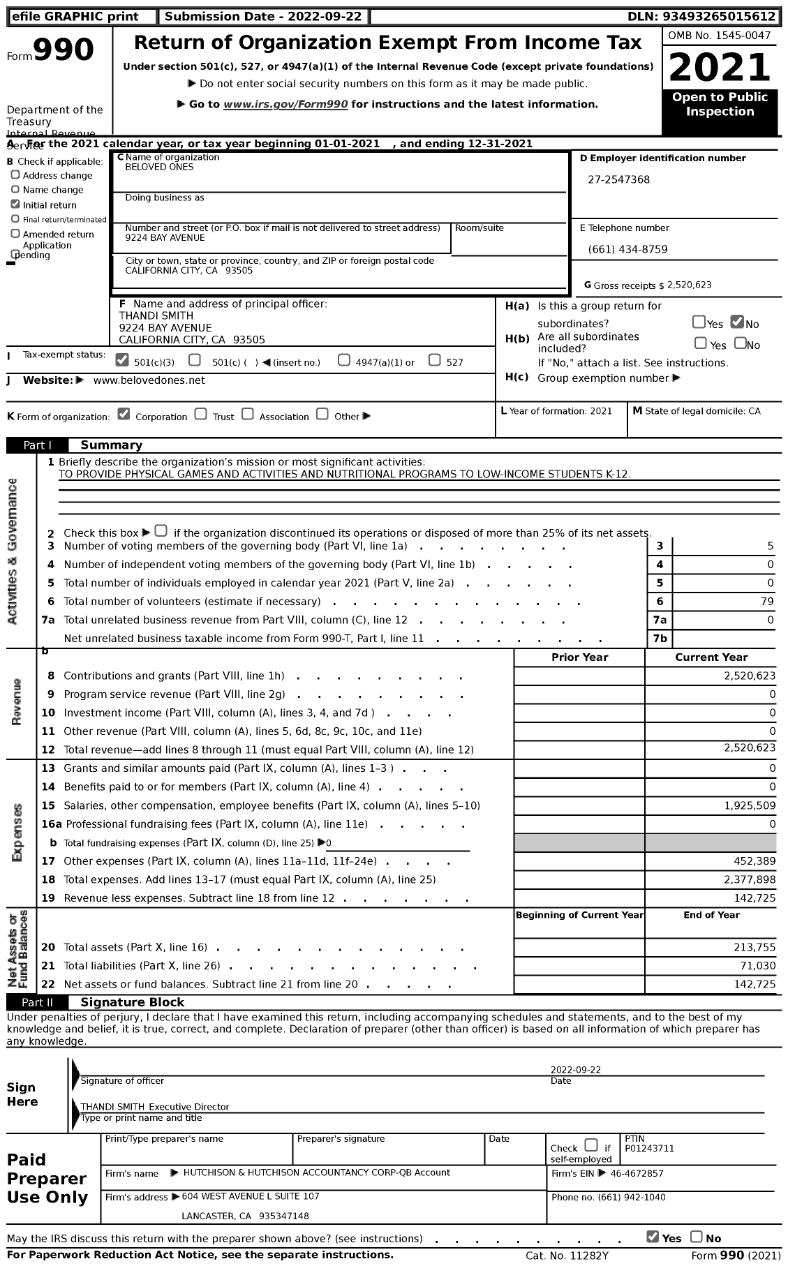 Image of first page of 2021 Form 990 for Beloved Ones