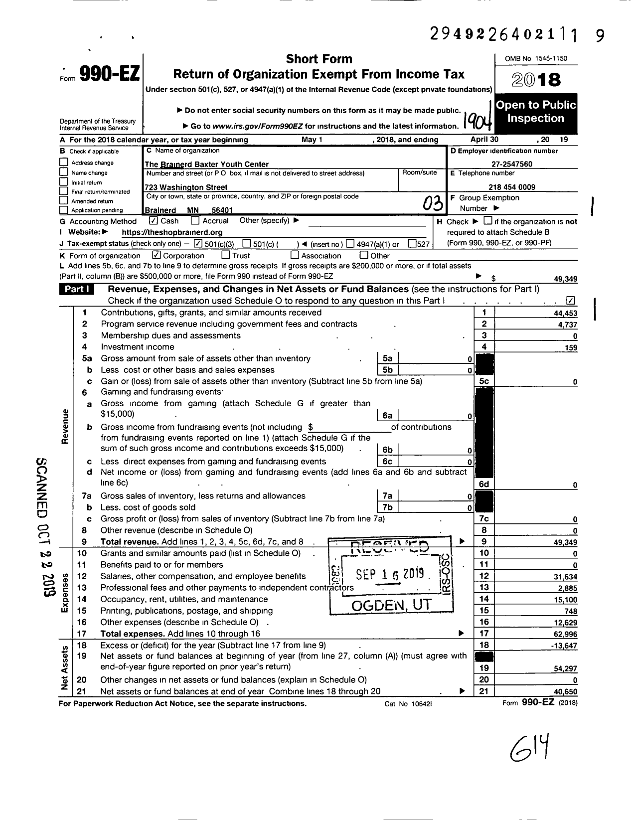 Image of first page of 2018 Form 990EZ for The Brainerd Baxter Youth Center